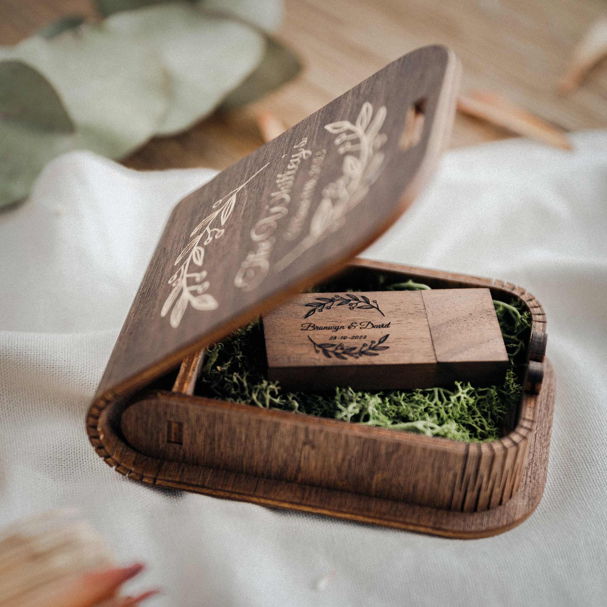 Open walnut wedding USB box with engraved lid and wooden USB inside