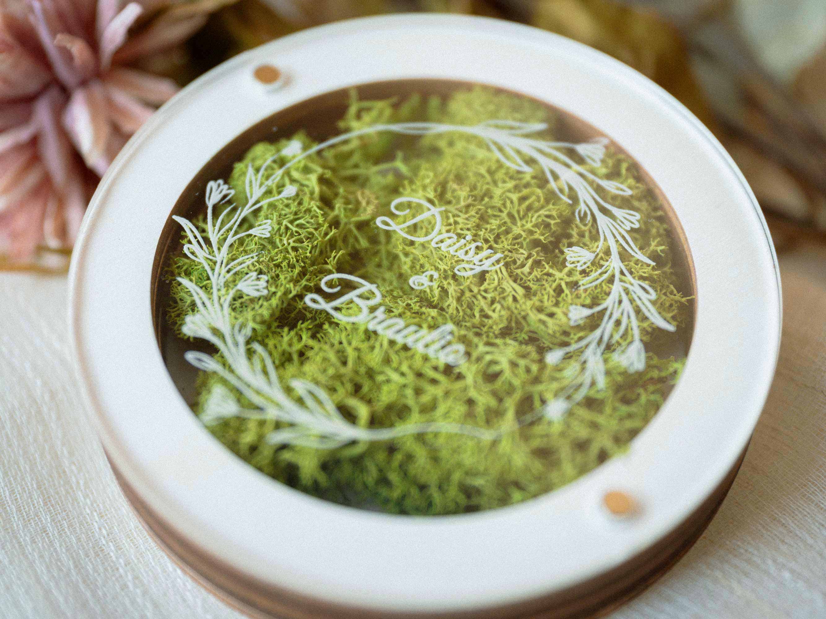 Personalized white USB box with acrylic lid and floral engraving close view