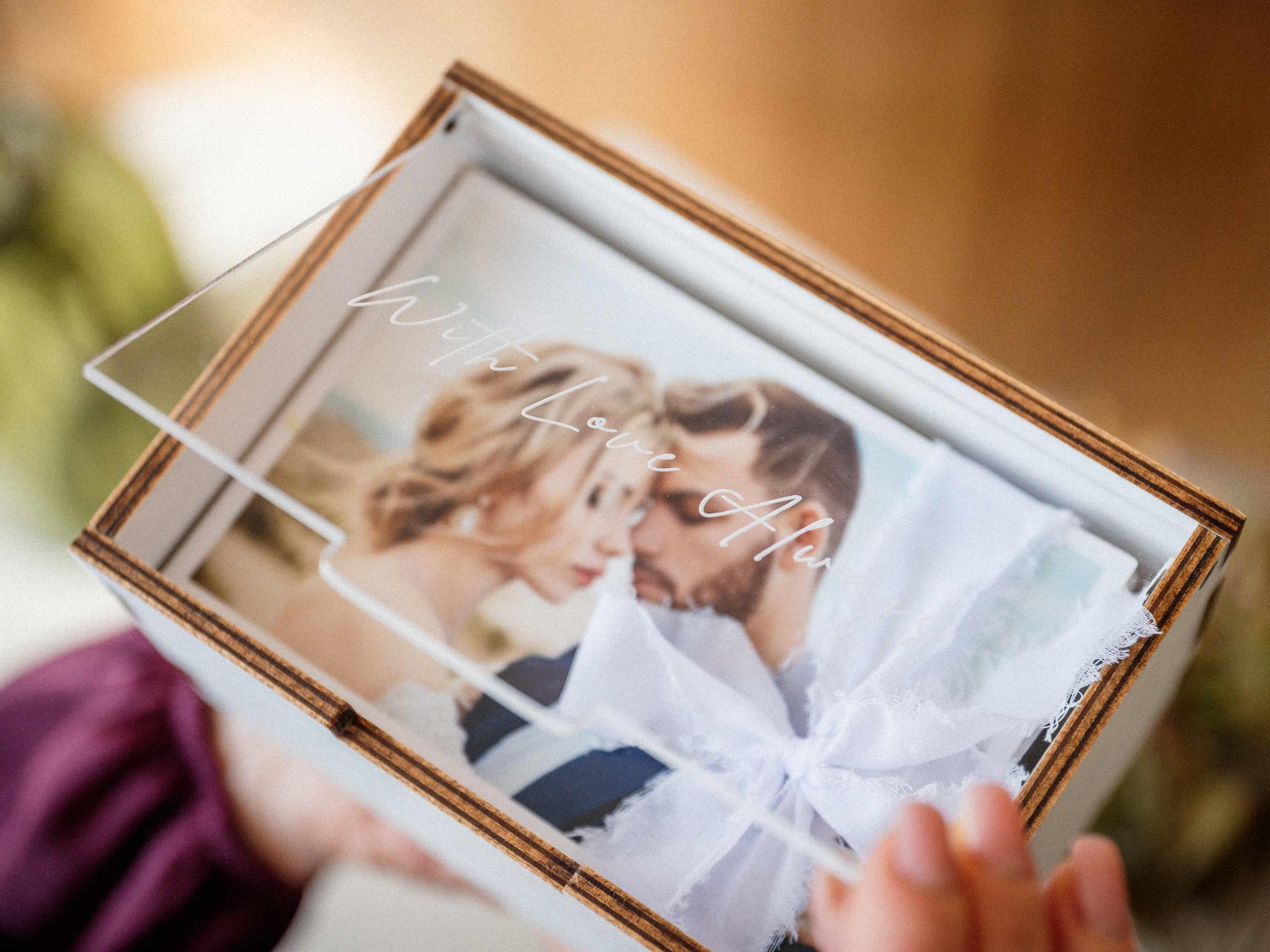 White wooden photo box with clear acrylic lid and wedding photo print