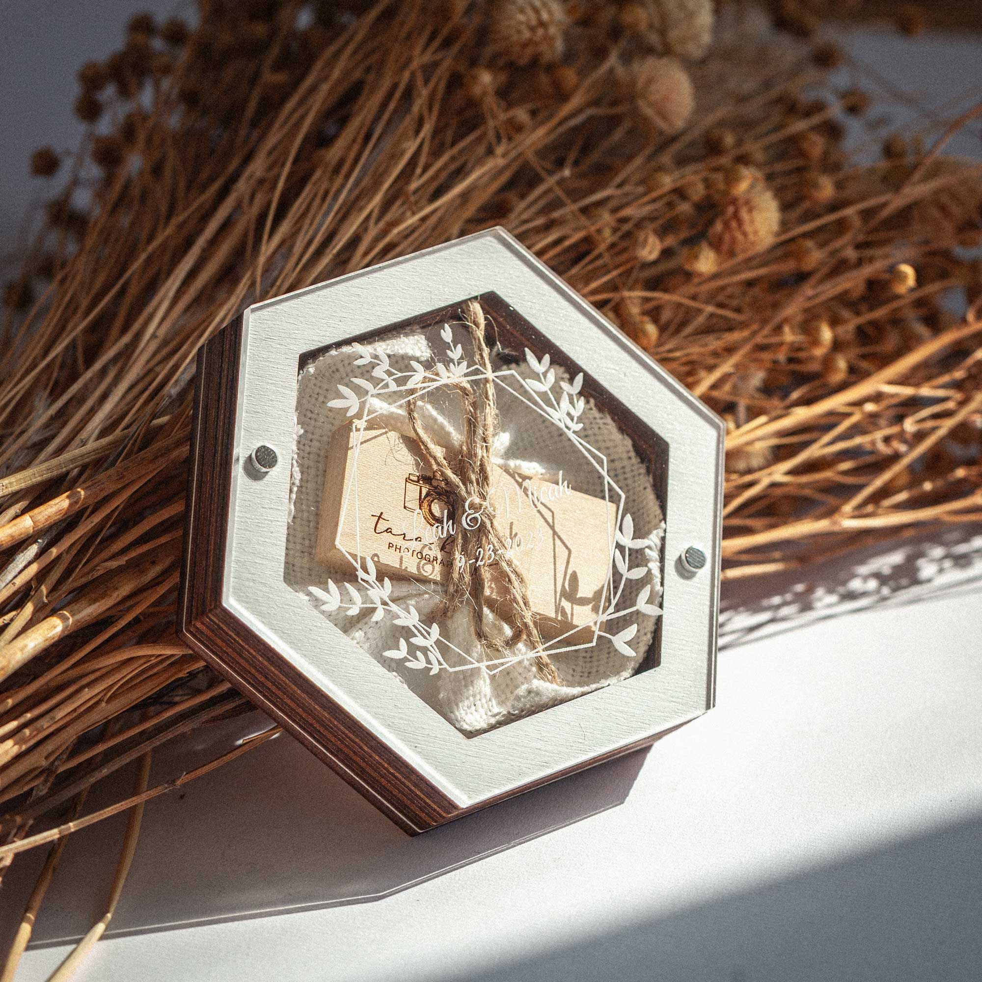 White wedding USB box with personalized acrylic lid in elegant rustic styling