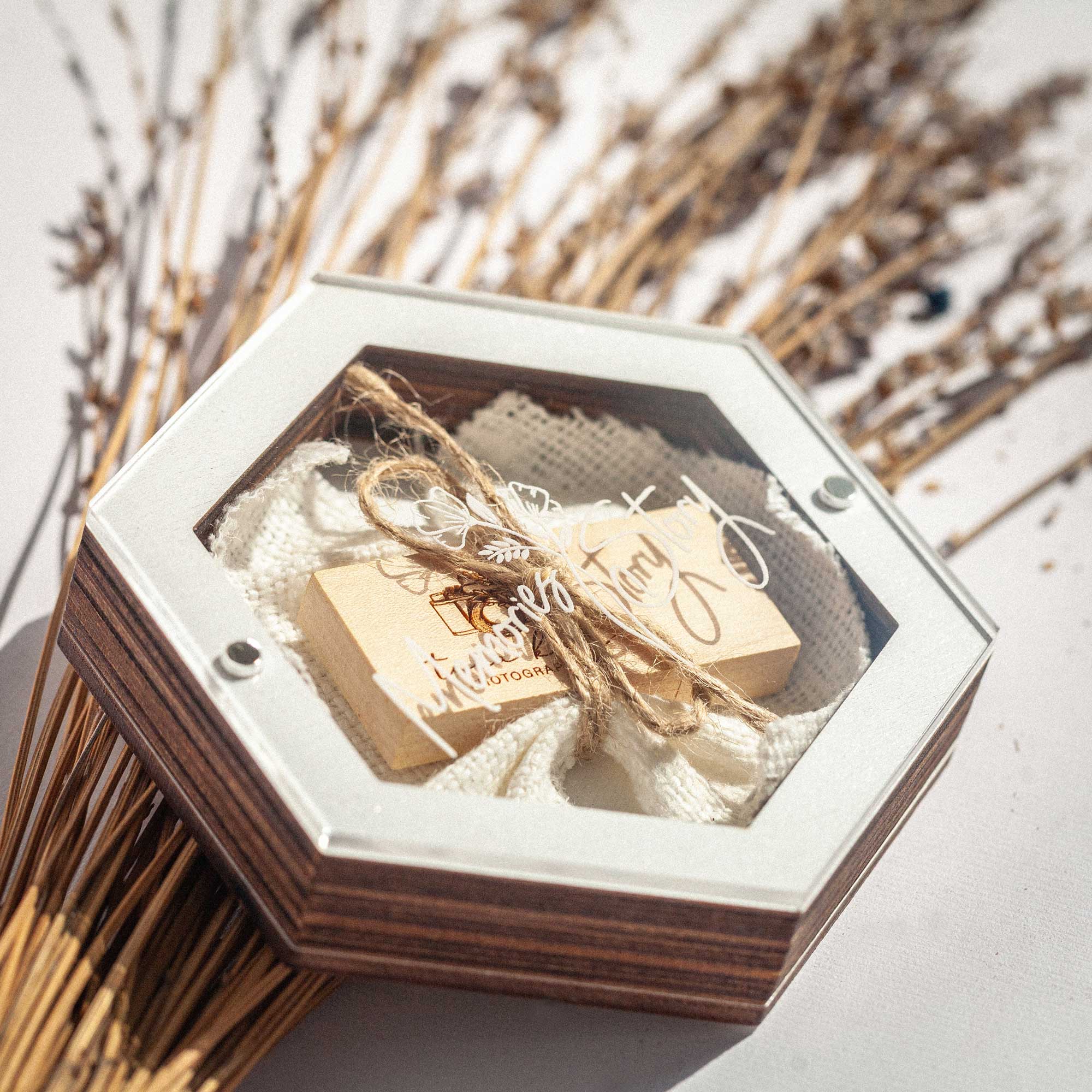 White hexagon wedding USB box with wooden flash drive and floral acrylic lid