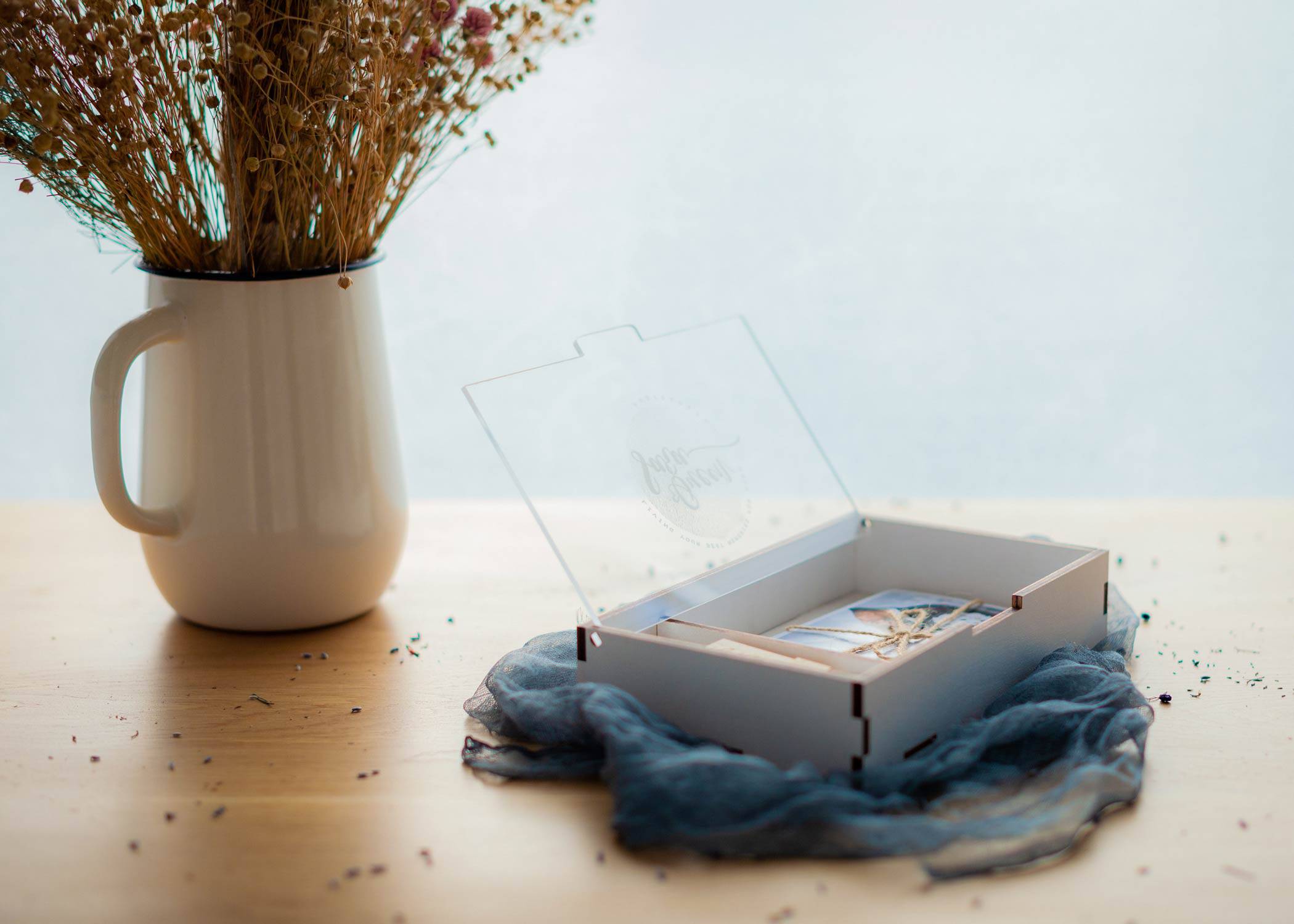 White Wedding Wooden Photo Box with Acrylic Lid