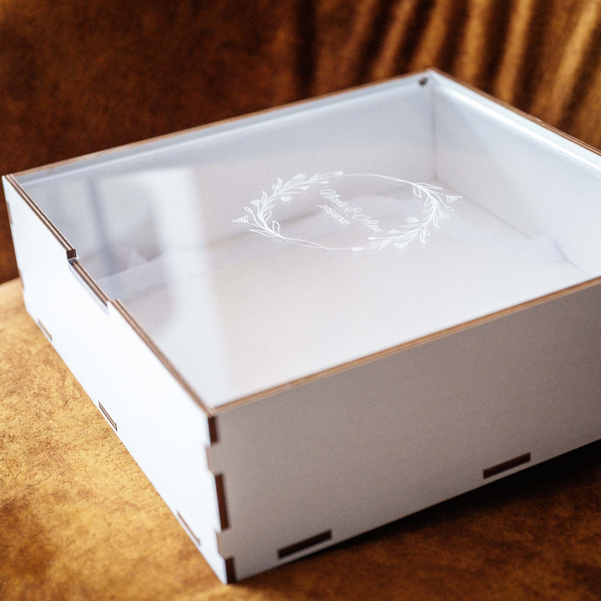Personalized white album box with clear acrylic lid for 10x10 photo album
