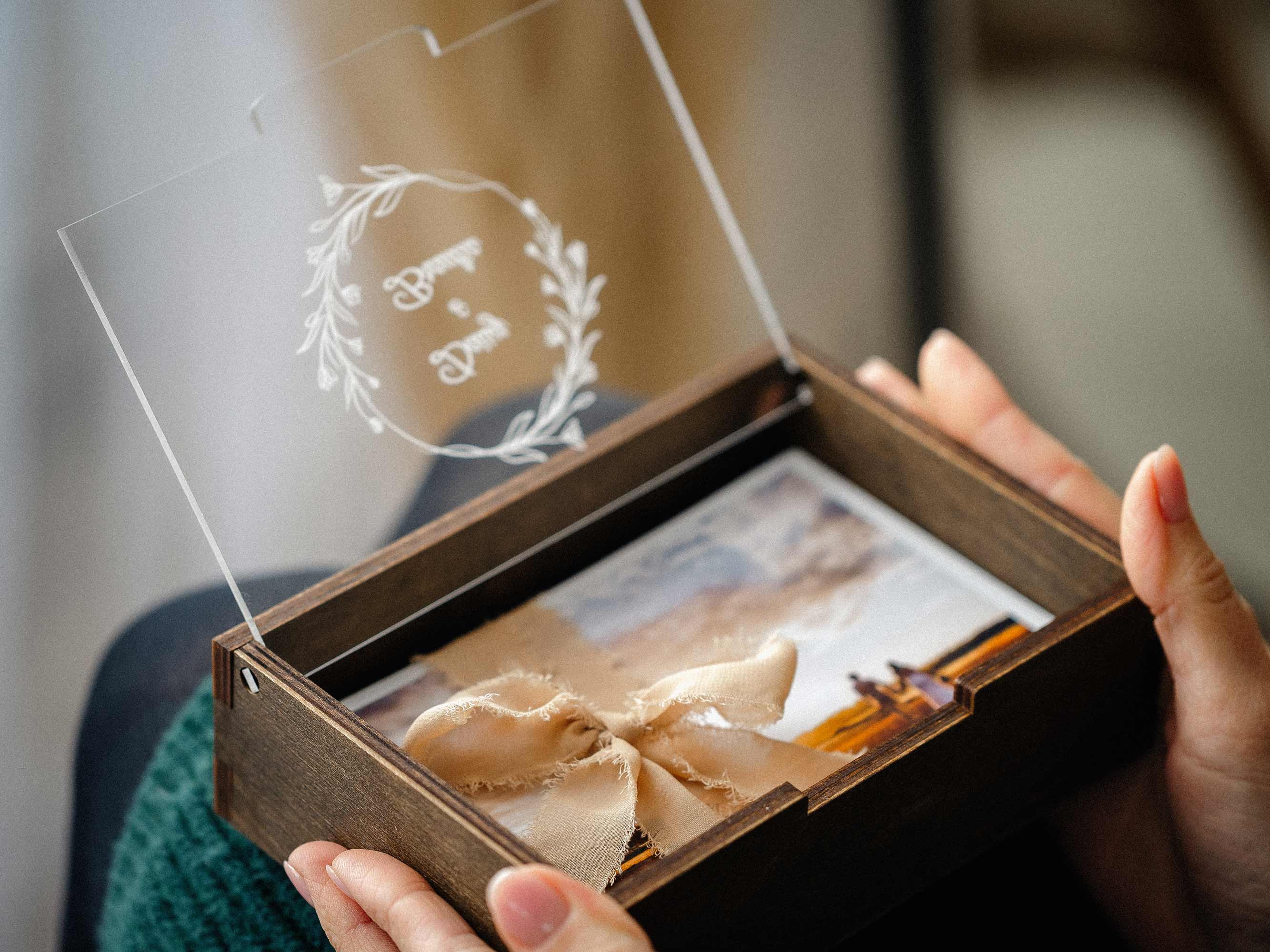 Wooden Photo Box with Personalize Acrylic Lid for Photos