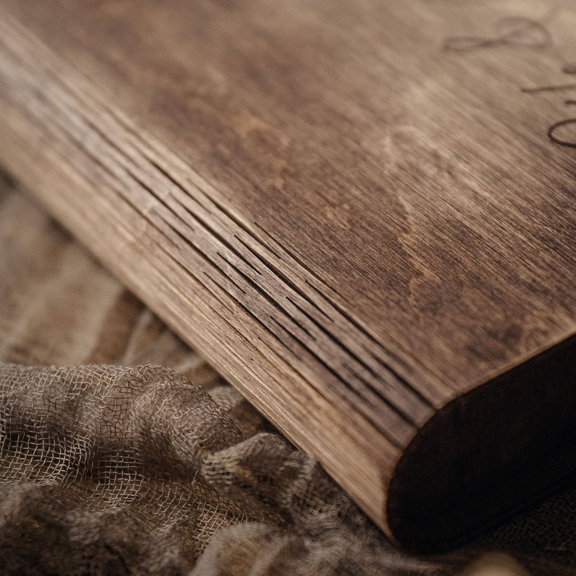 Close up side detail of vintage style wooden photo box wood texture
