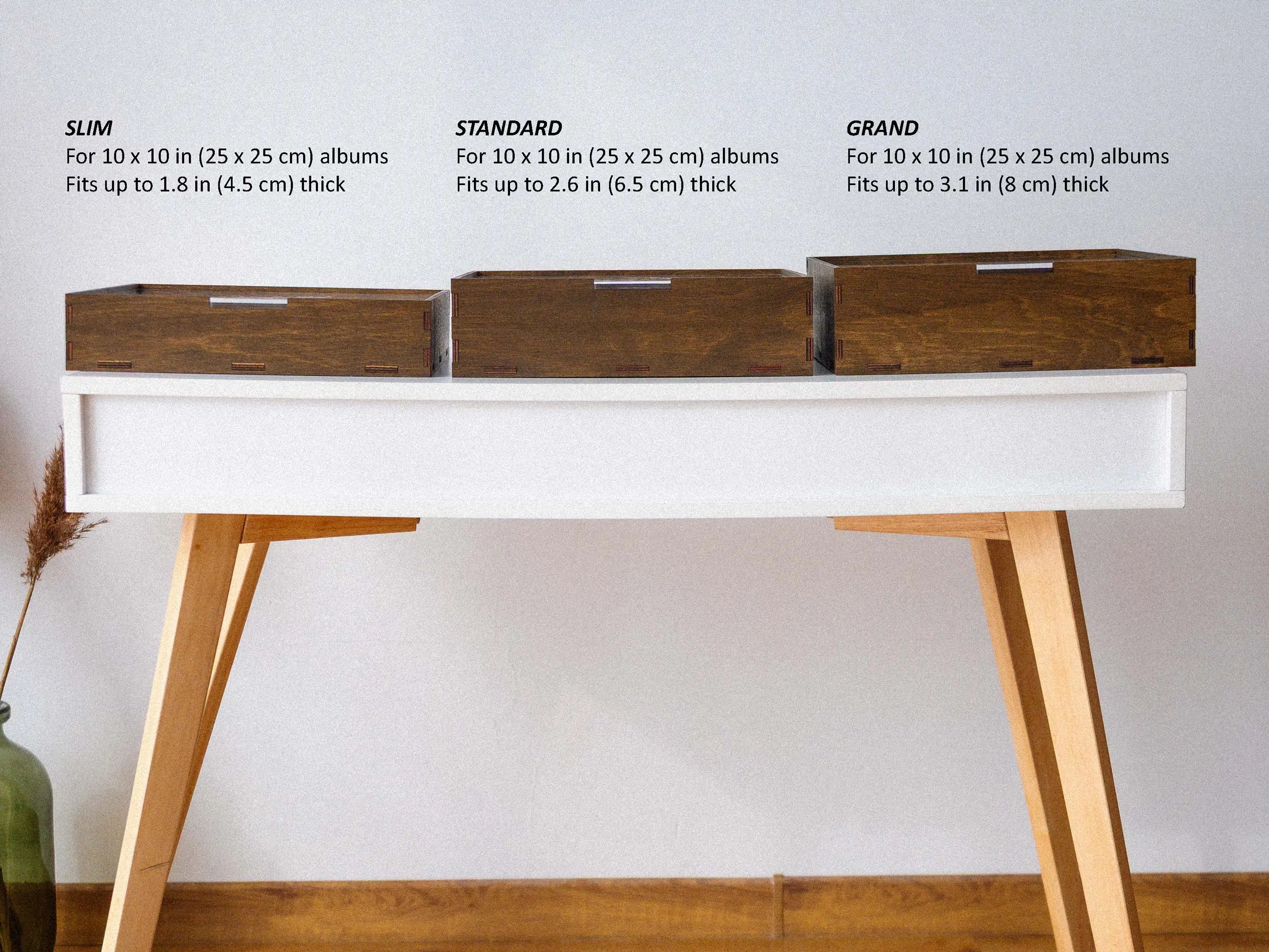 Three depth options of walnut wooden gift box with acrylic lid shown side by 