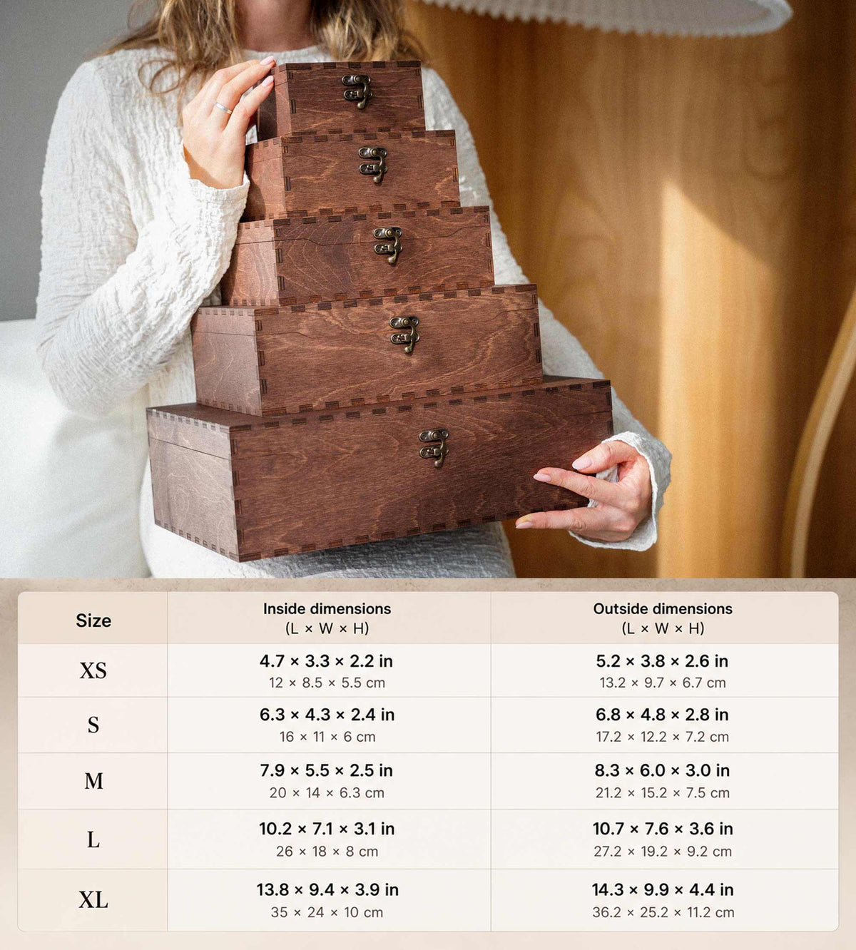 Wooden memory box size guide showing XS to XL dimensions