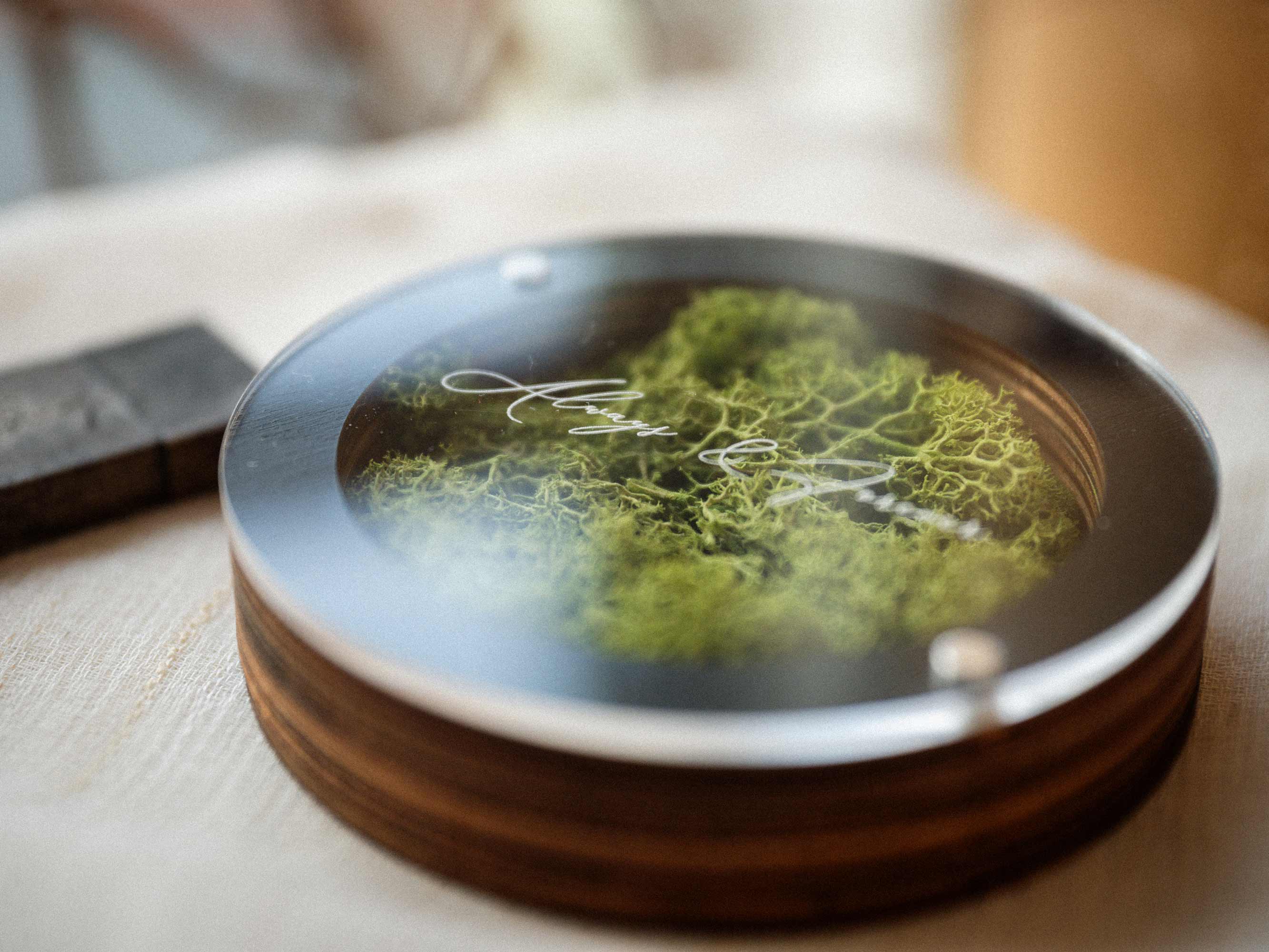 Black wedding USB box with acrylic lid and engraved wooden flash drive