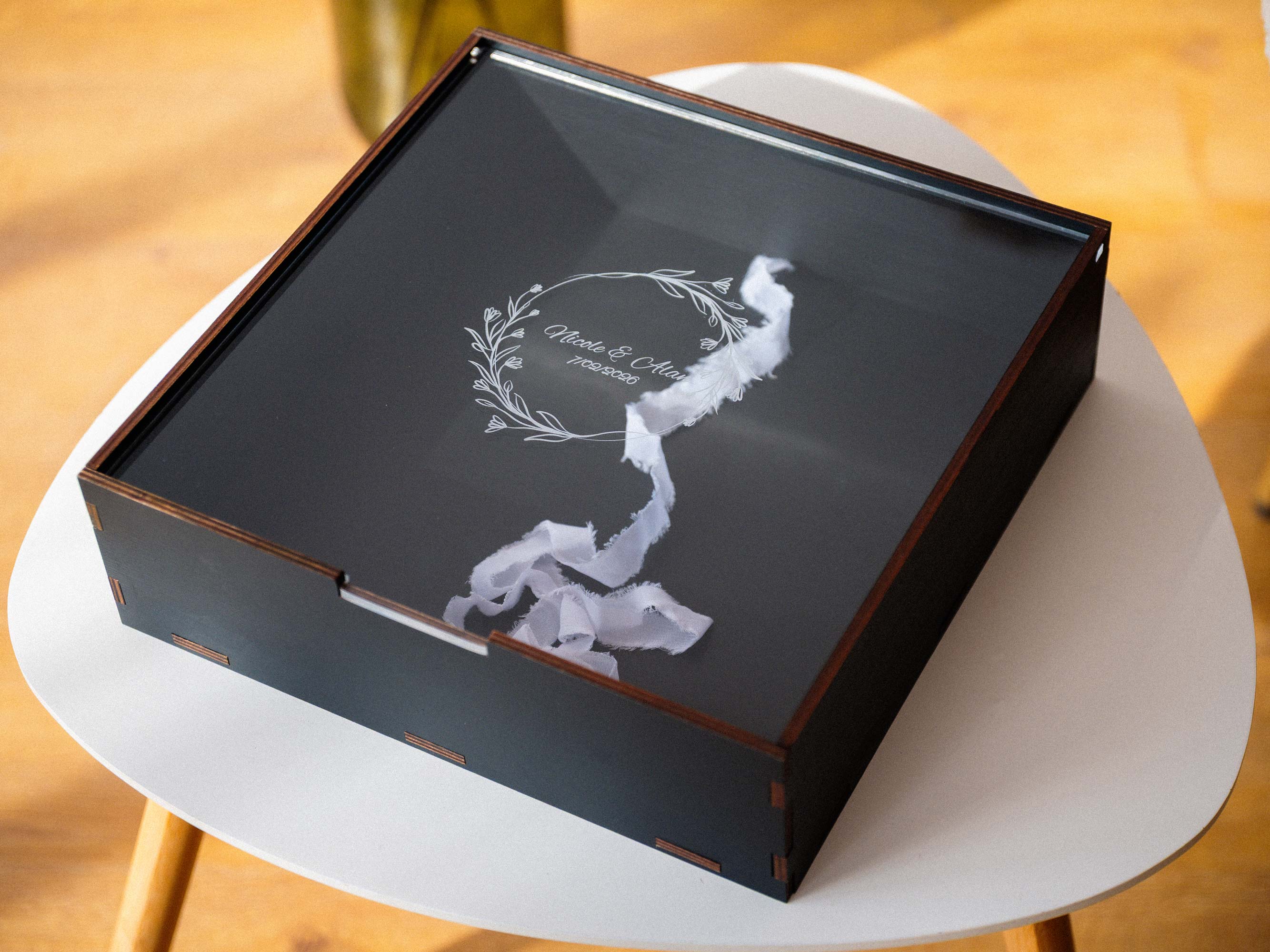 Personalized black wooden box with clear acrylic lid, elegant wedding keepsake box for photo album presentation