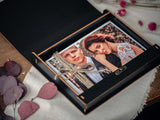Elegant black wooden photo presentation box with custom engraving for wedding photos