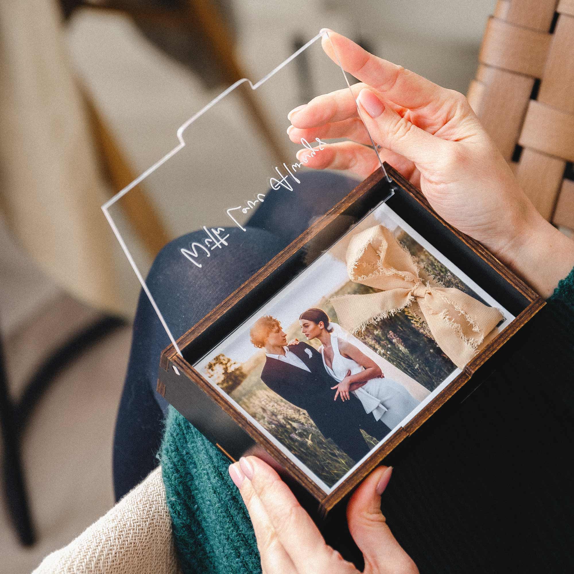 Black Wooden Photo Box with Personalized Acrylic Lid for Prints