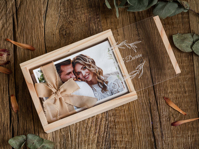 Maple Wood Box with Personalized Acrylic Lid for Wedding Photo - nzhandicraft