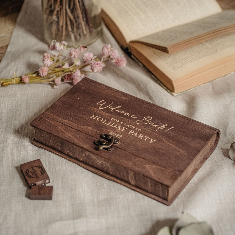 Boîte à photos en bois de noyer et clé USB pour souvenirs de mariage
