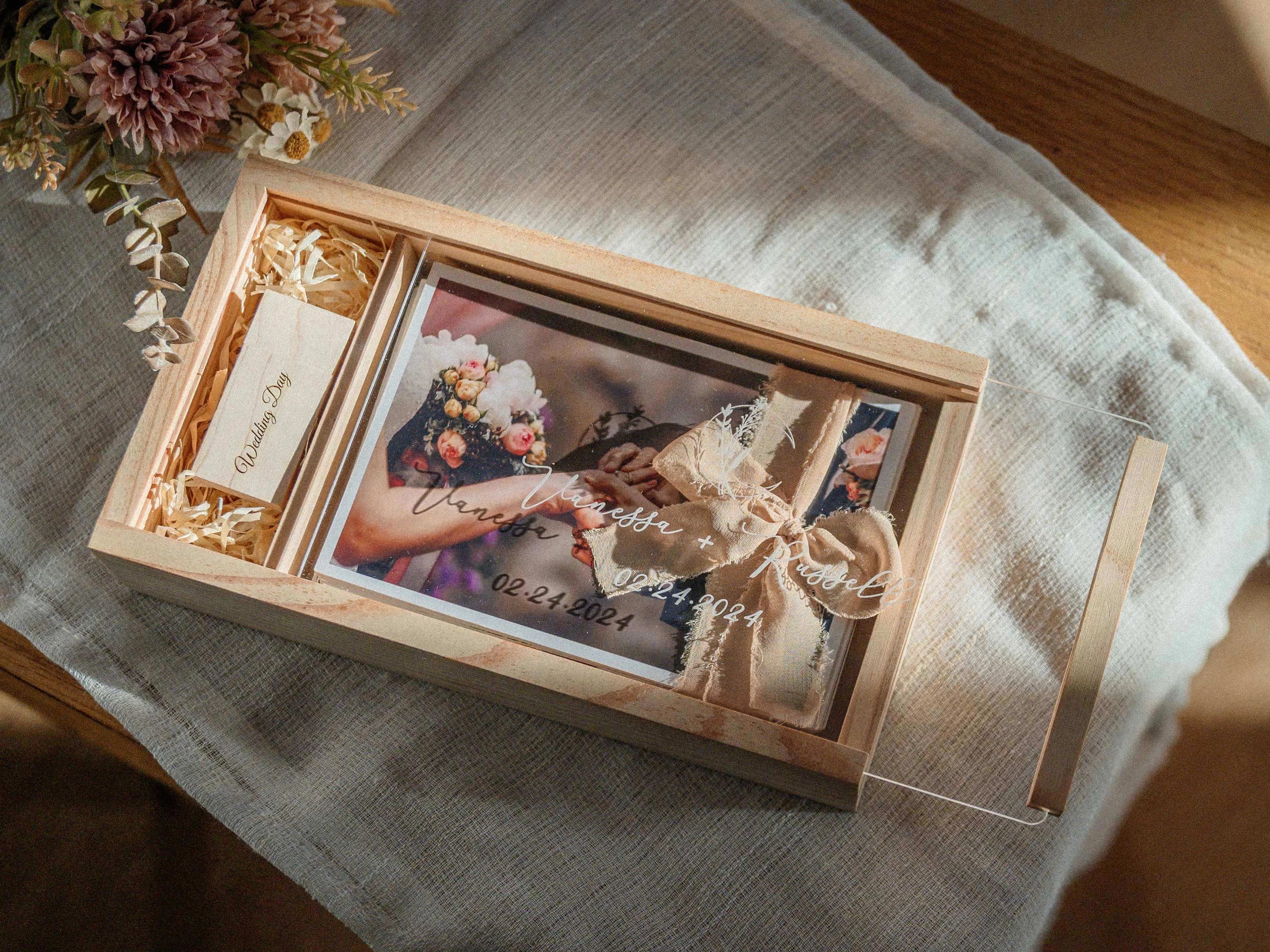 Personalized maple wooden photo box with acrylic lid and USB section