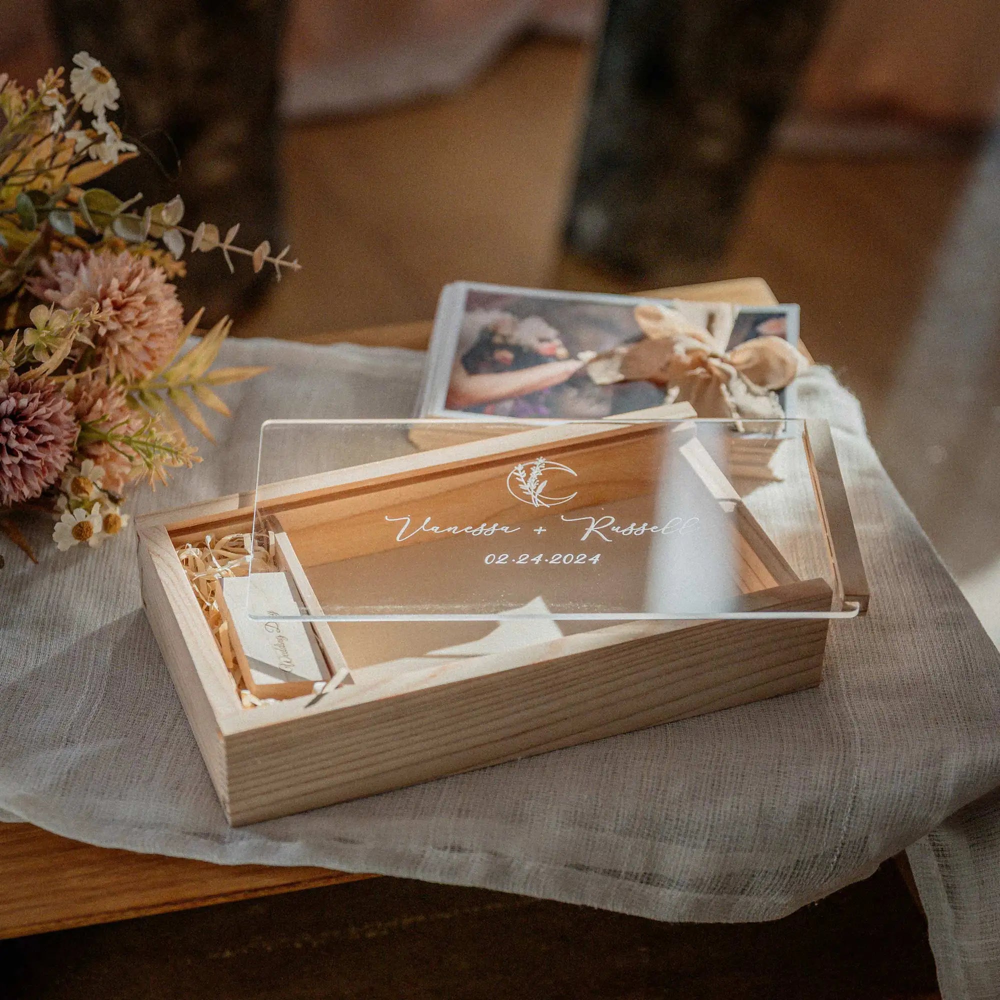 Personalized maple wedding photo box with acrylic lid removed