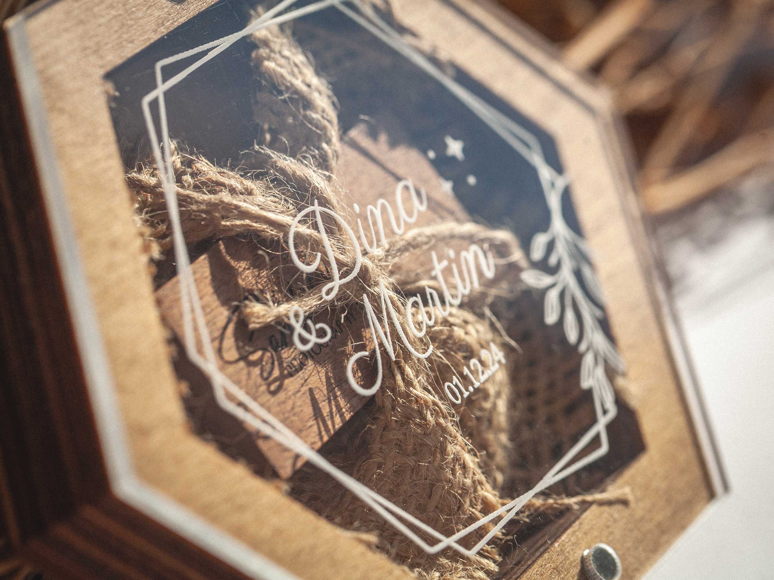 Close up of Gold Oak wedding USB box with floral acrylic lid