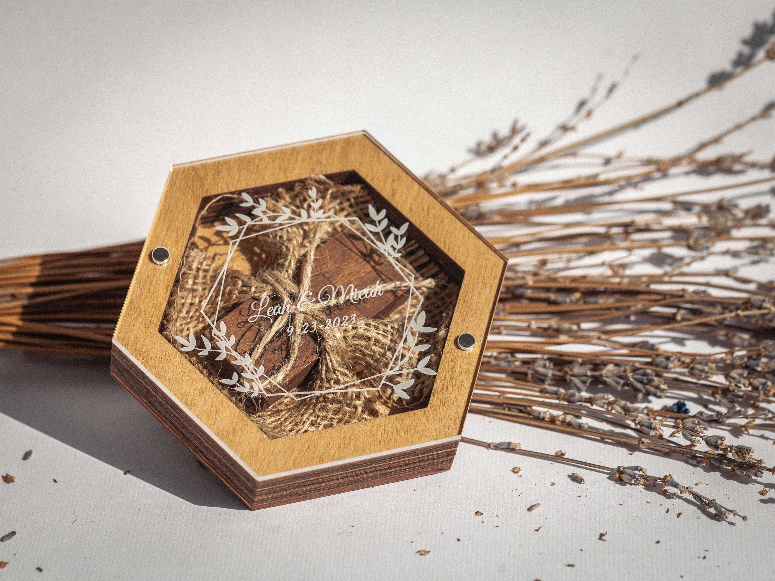 Gold Oak wedding USB box on dried grass background