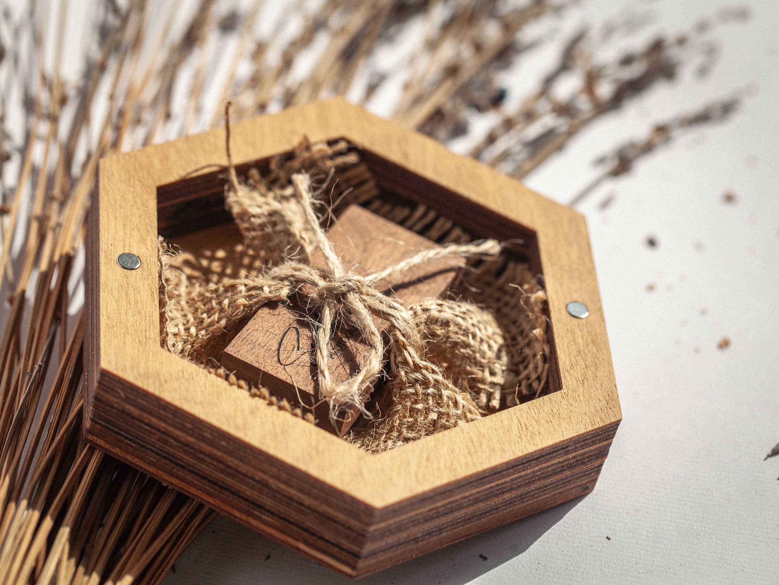 Open Gold Oak wedding USB box with wooden flash drive and natural flax filling