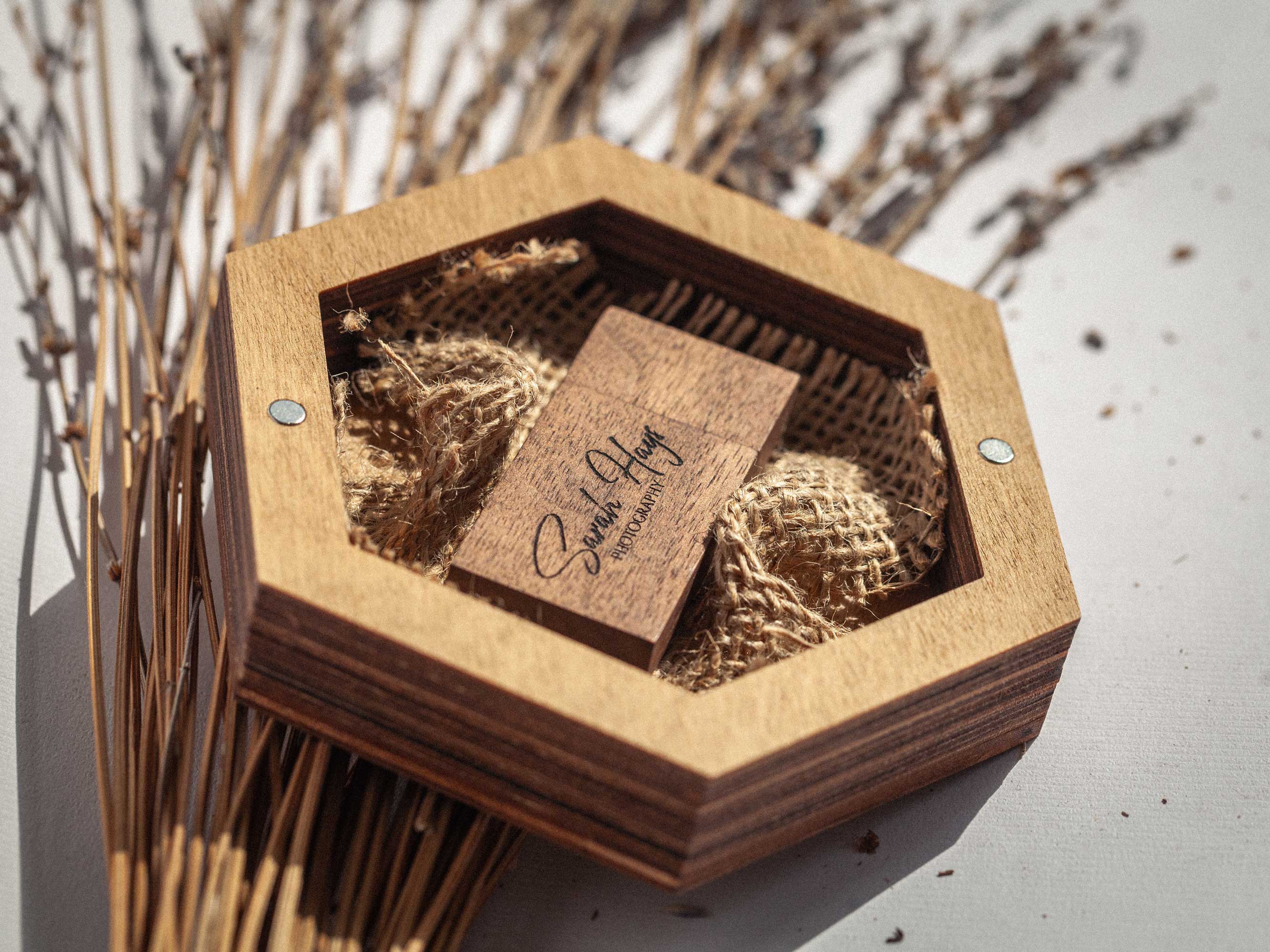 Open Gold Oak wedding USB box with engraved wooden flash drive inside