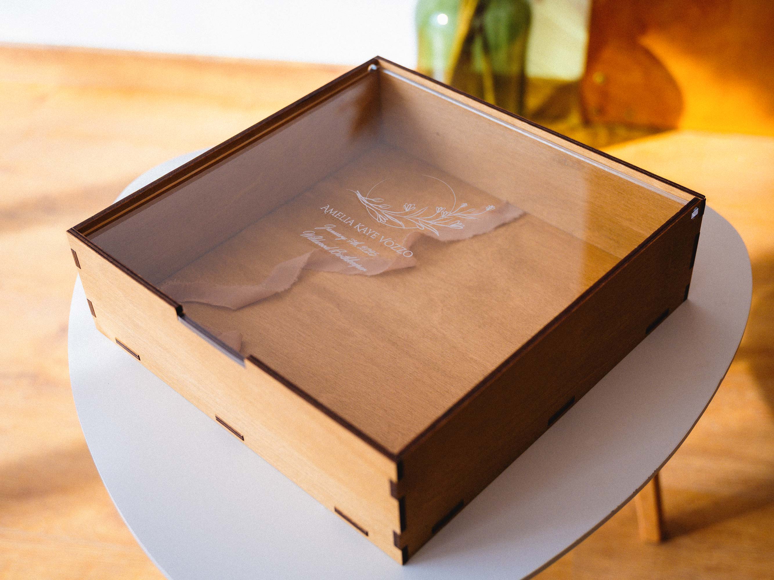 Personalized Gold Oak wooden album box with acrylic lid for 10x10 in photo album