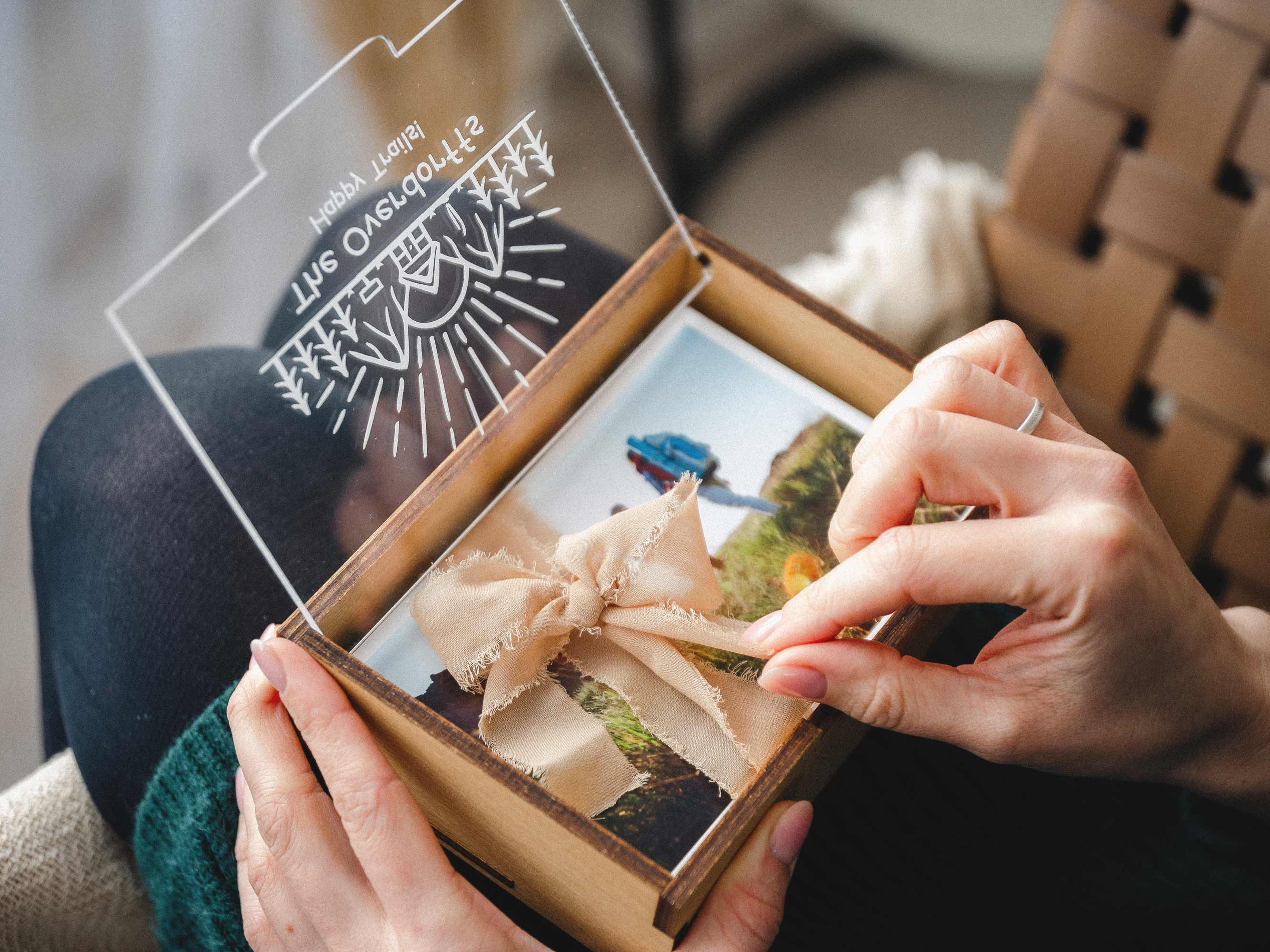 gold oak travel photo box with engraved acrylic lid