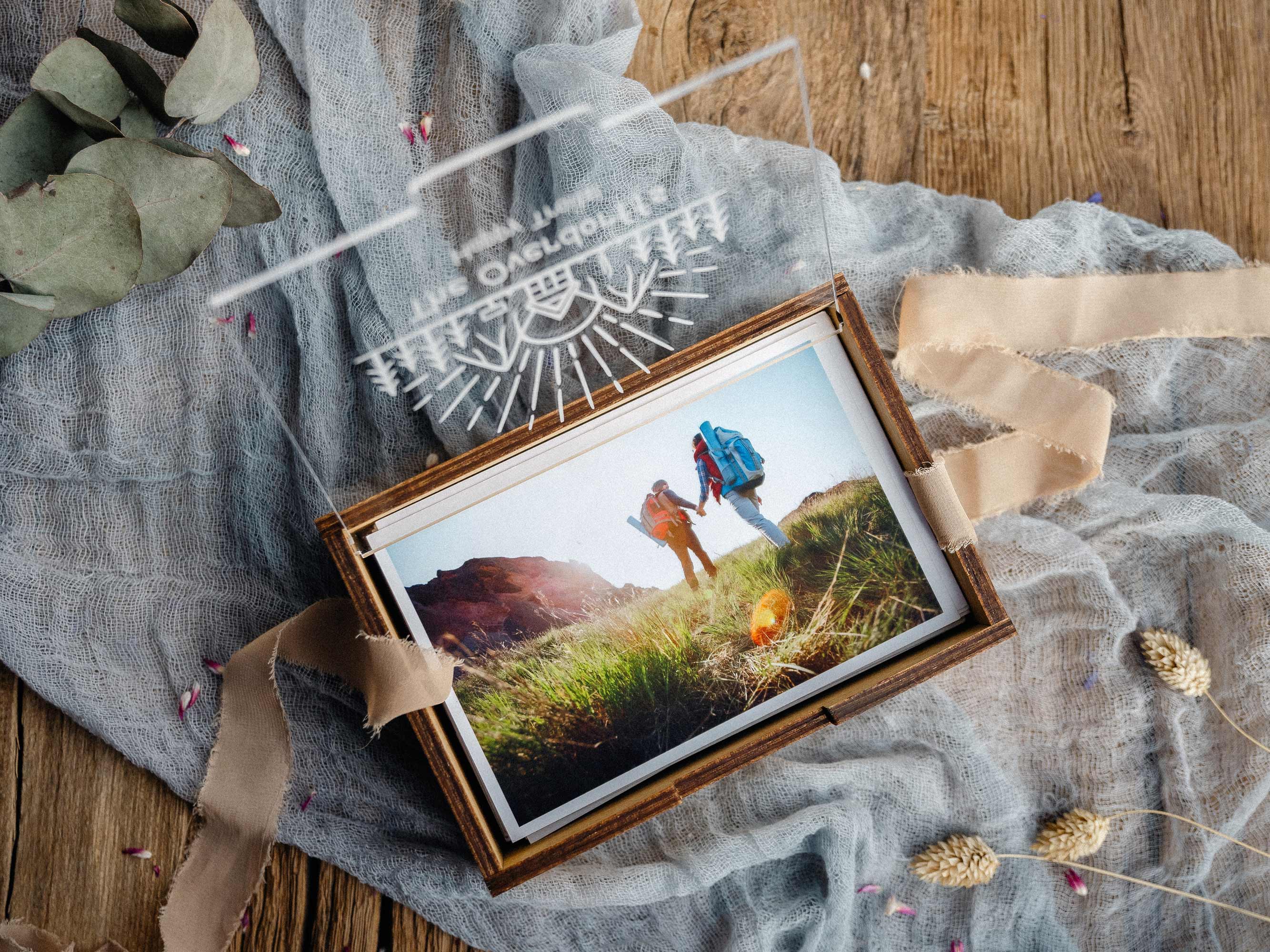 Gold Oak Travel Photo Box – Personalized Acrylic Lid Keepsake for Prints
