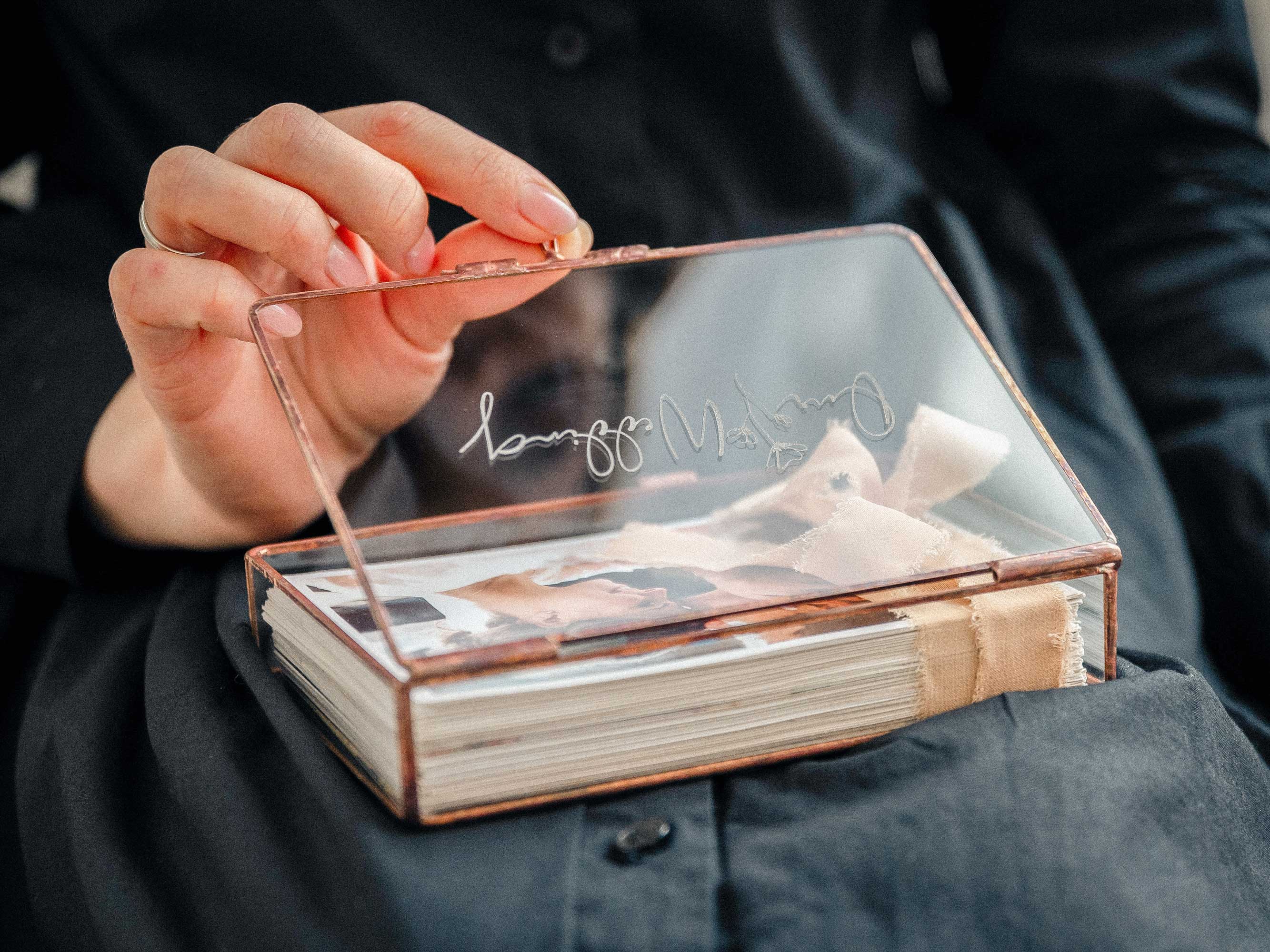 Luxury Rose Gold Glass Photo Box – Handmade Wedding Photography Gift