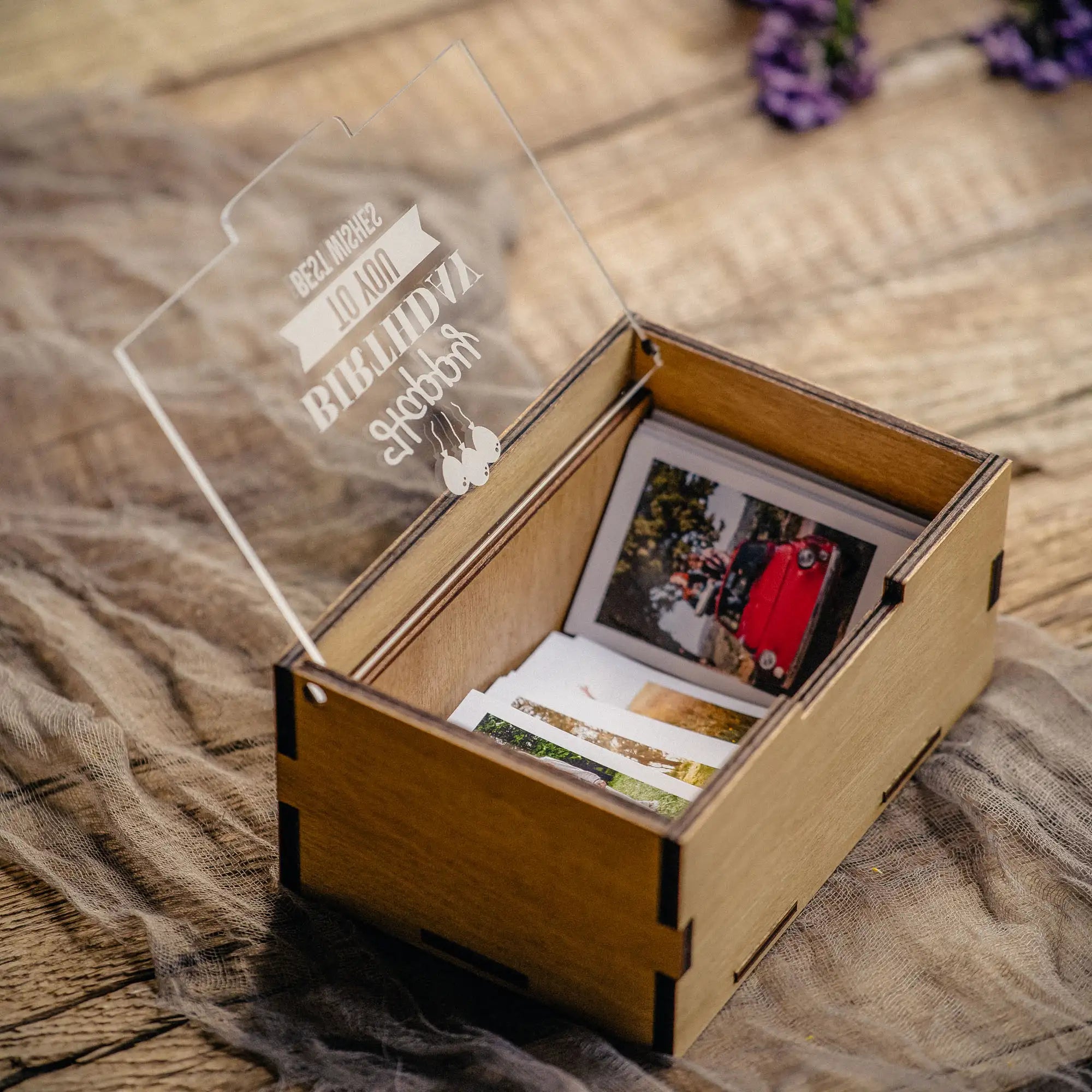 Golden Oak personalized Instax Mini storage box with acrylic lid open