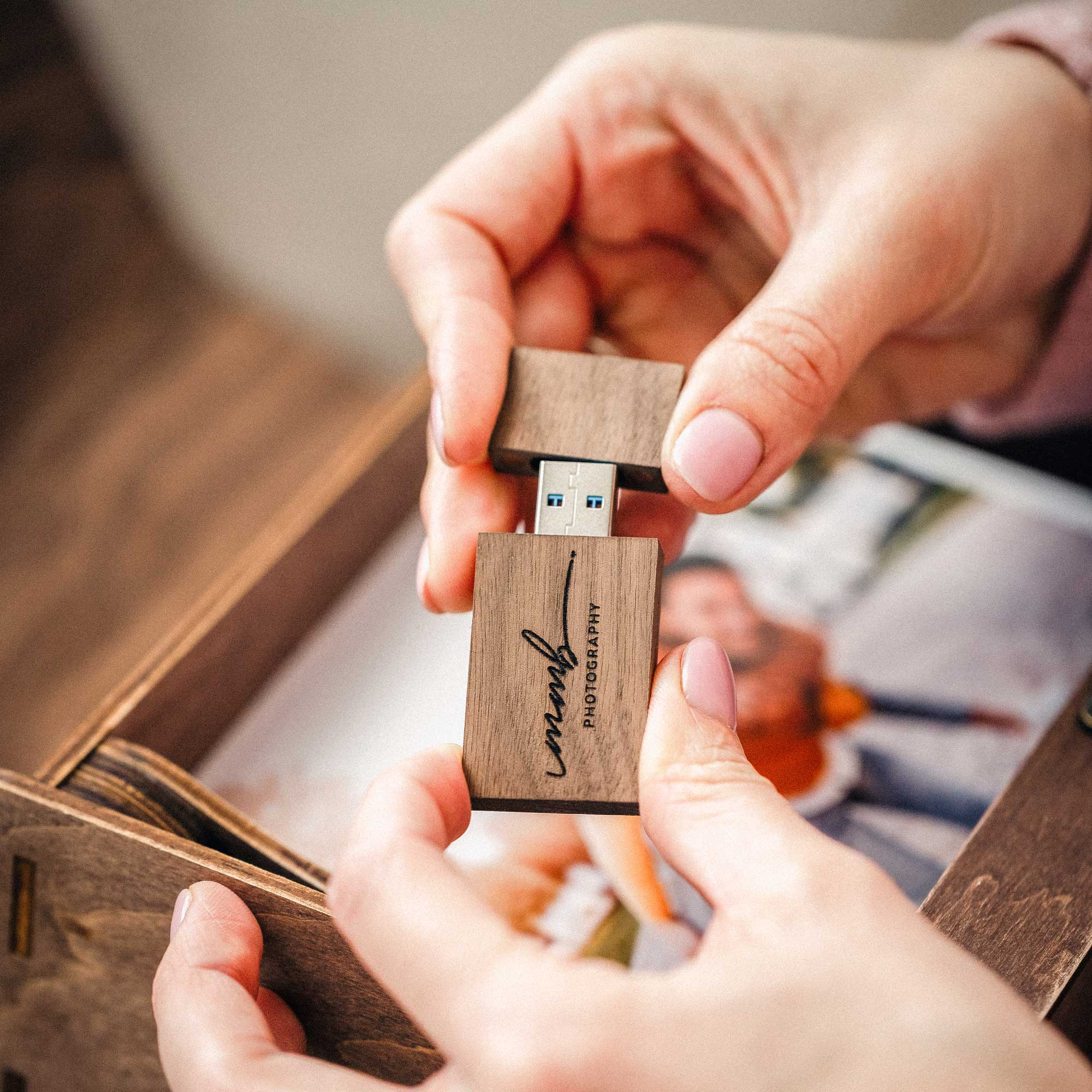 Vintage Wooden Photo Box with USB Slot – Personalized Wedding Gift - NZHANDICRAFT