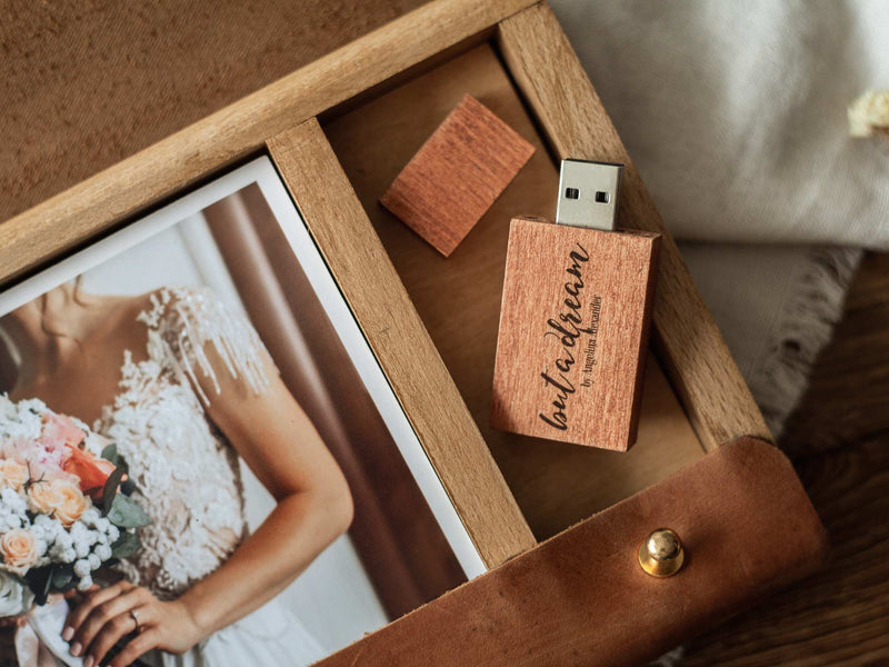 Leather Wood Box for Photos with Pen Drive for Wedding Photographers