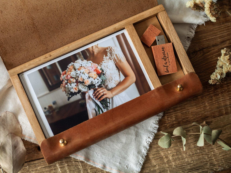 Leather Box for Photo with Wood USB Flash Drive Gift Wedding Photo Box - nzhandicraft