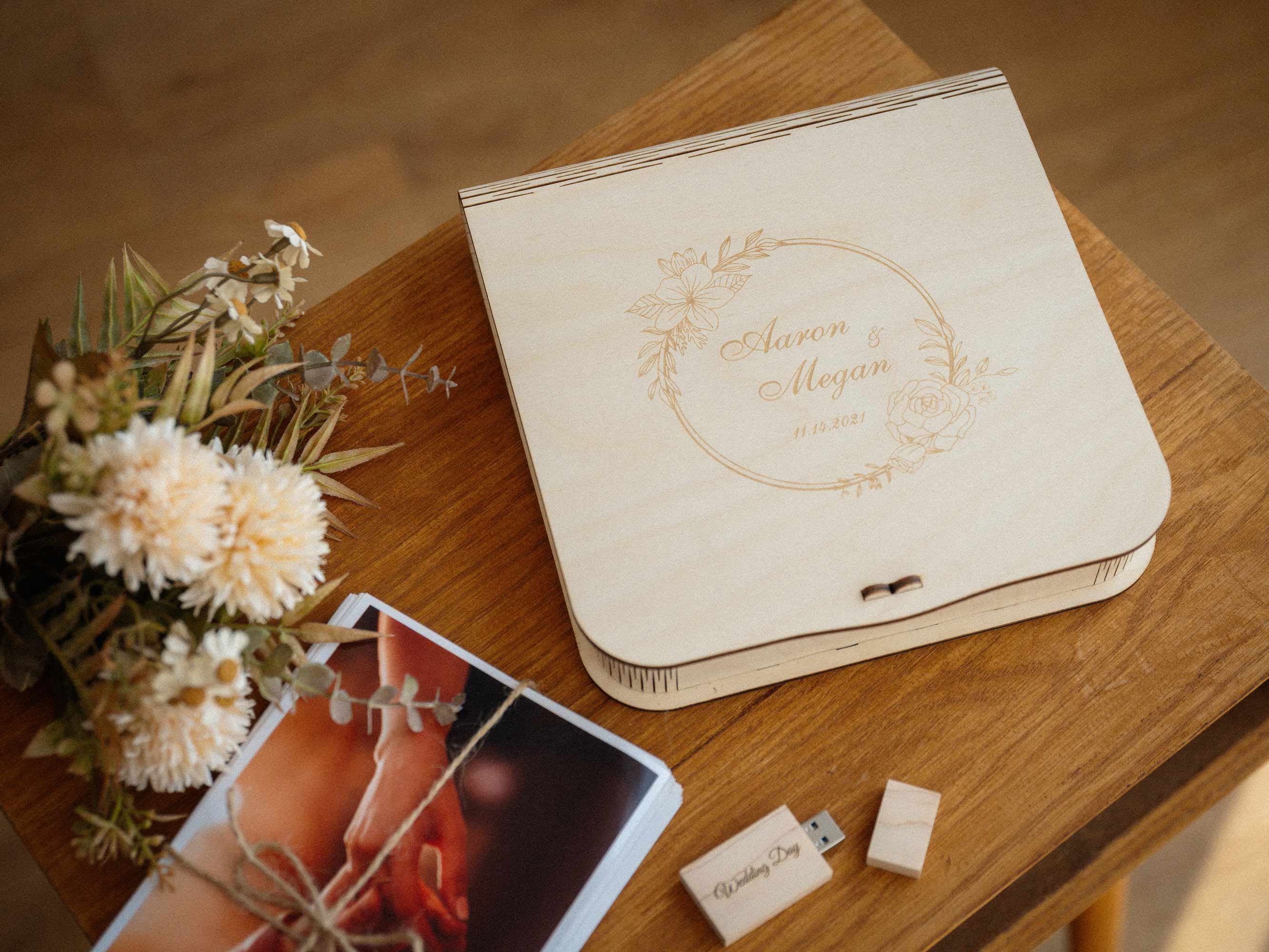 Maple wedding photo box with USB, engraved lid, photo prints and wooden flash drive