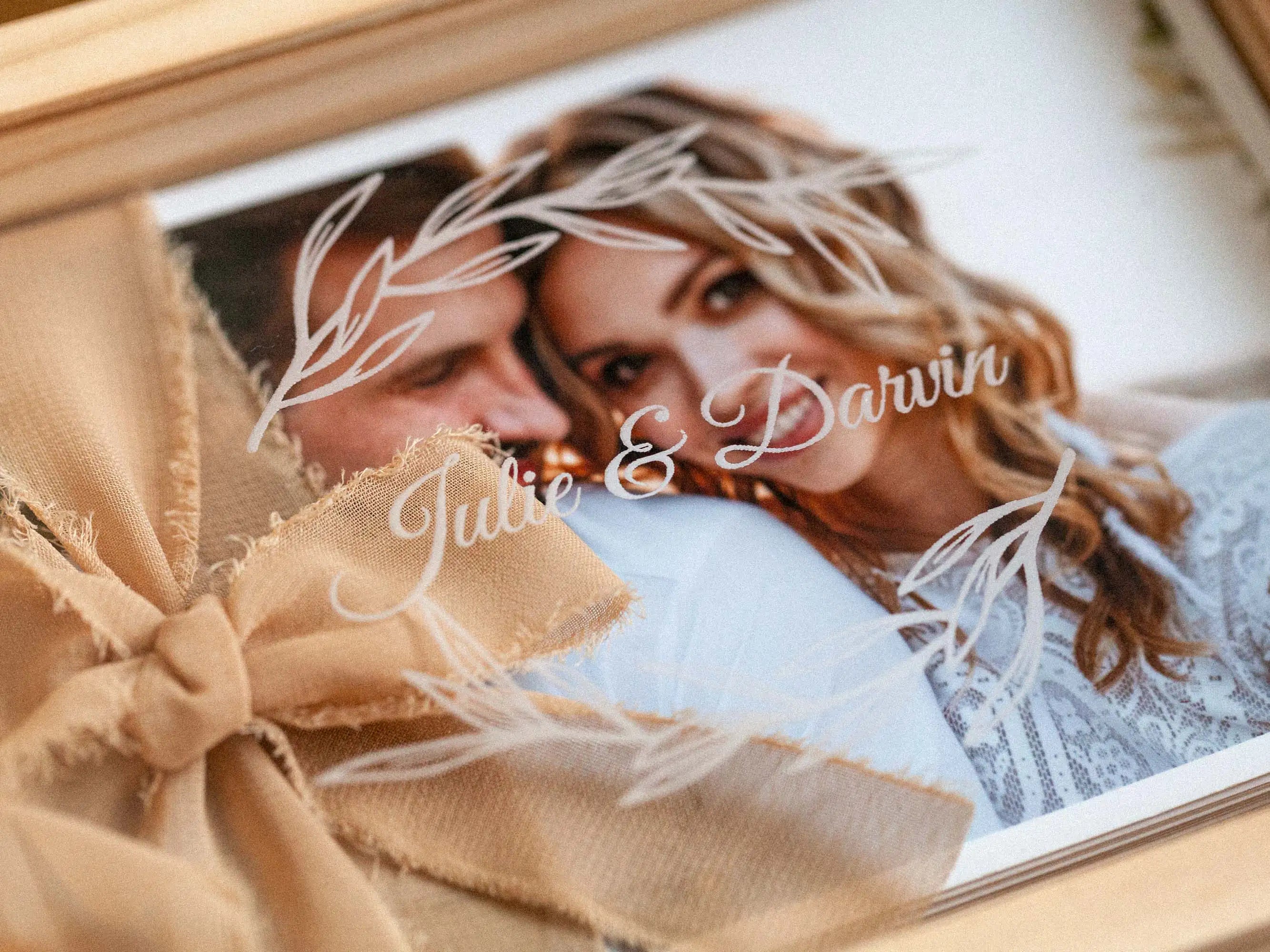 Wedding prints inside maple wooden photo box