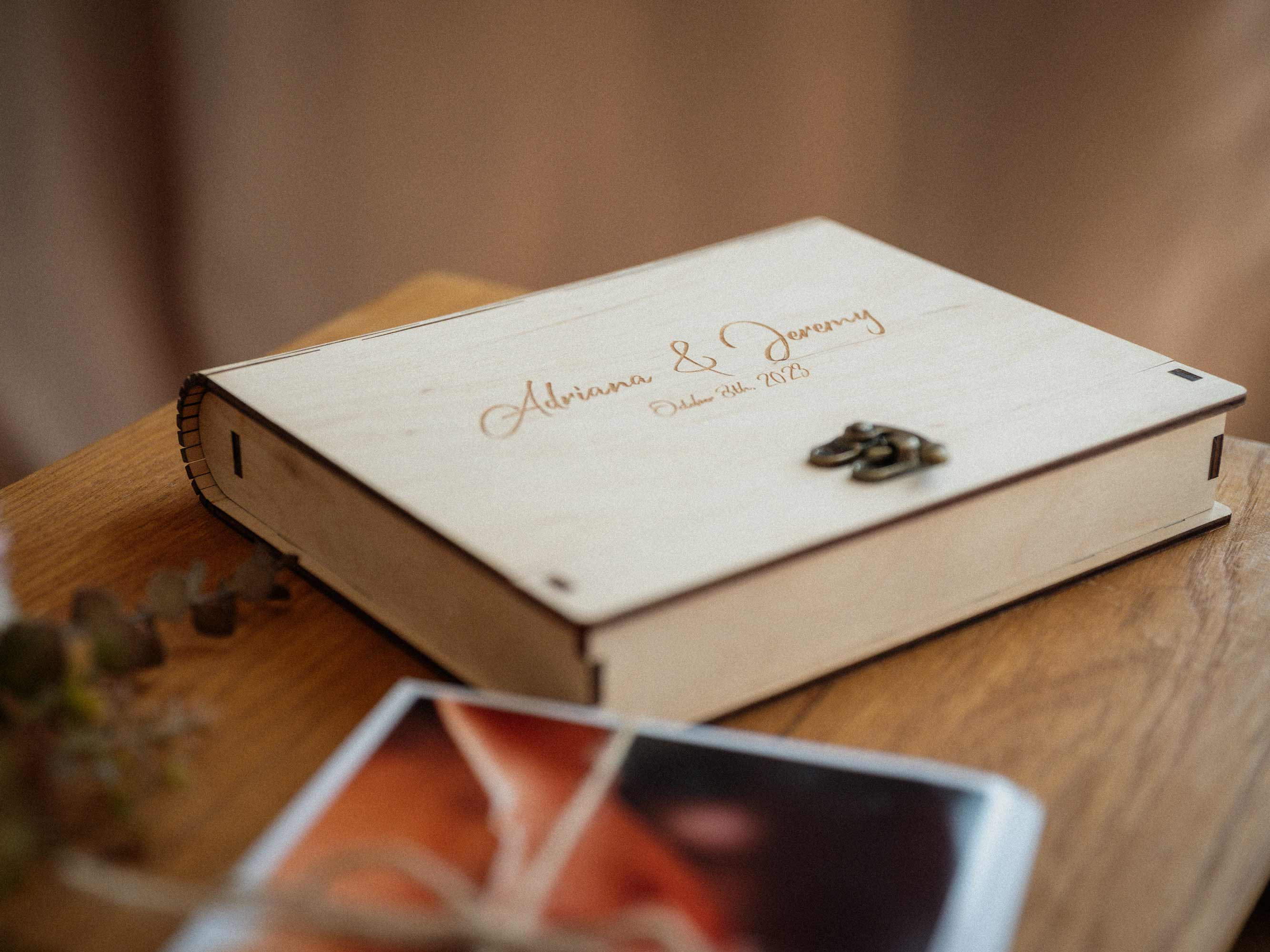 Closed Maple wooden photo box with personalized engraving