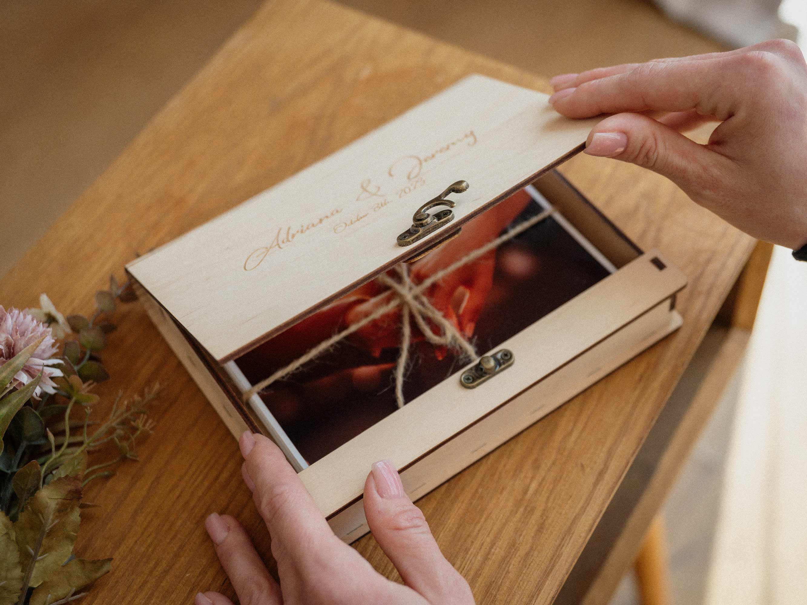 Maple wooden photo box with wedding prints inside