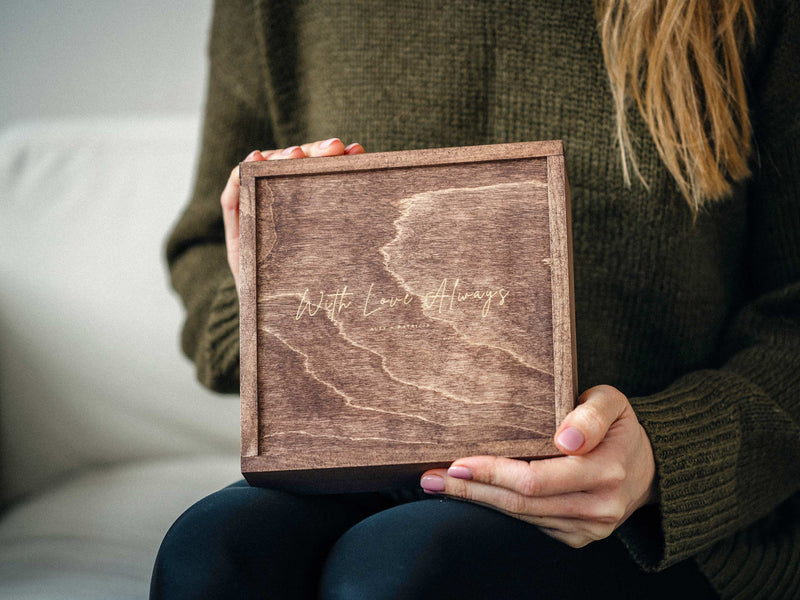 Custom wooden photo box for wedding photos with engraved lid