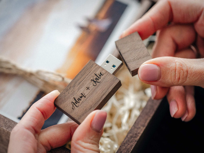 Memory wooden photo box with personalized USB drive for photographers