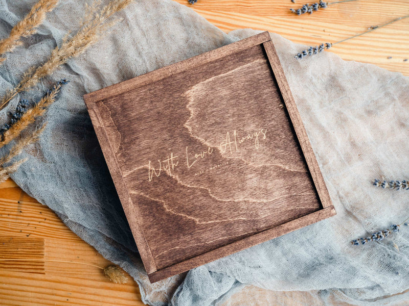 Wedding gift wooden box with personalized lid and USB drive option