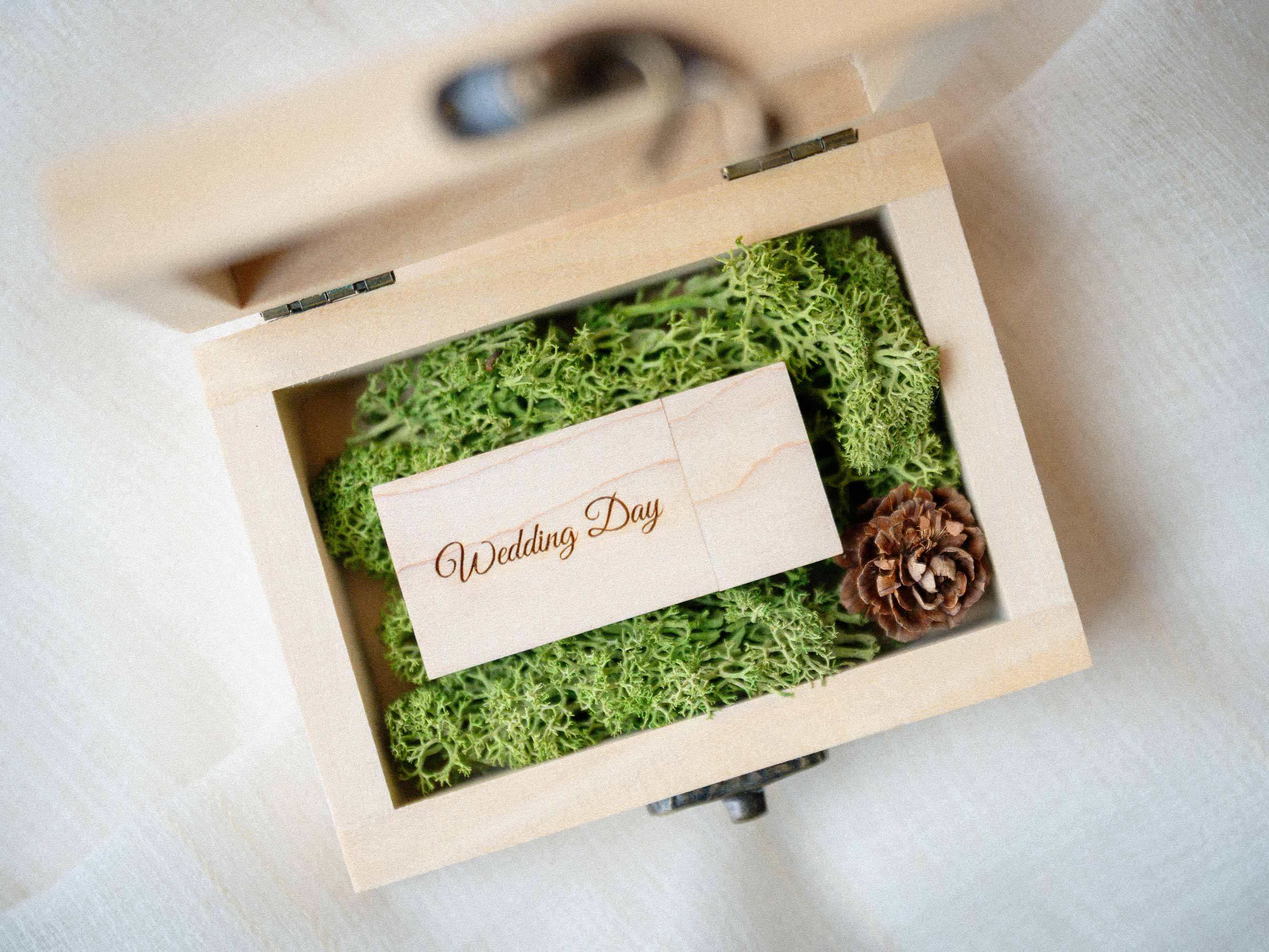 Top view of natural USB box with wooden flash drive and moss