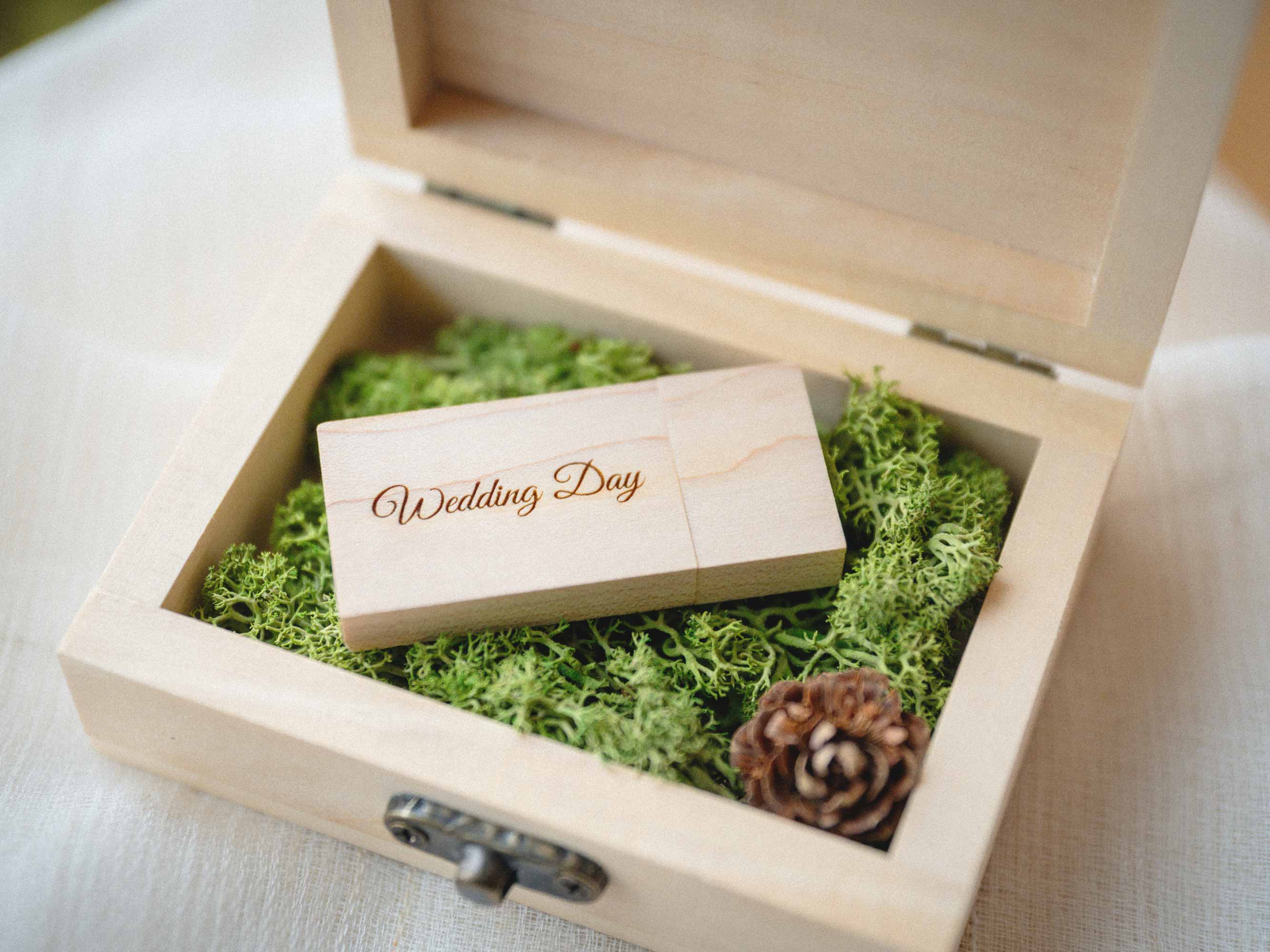 Open natural USB box with wooden flash drive and pine cone