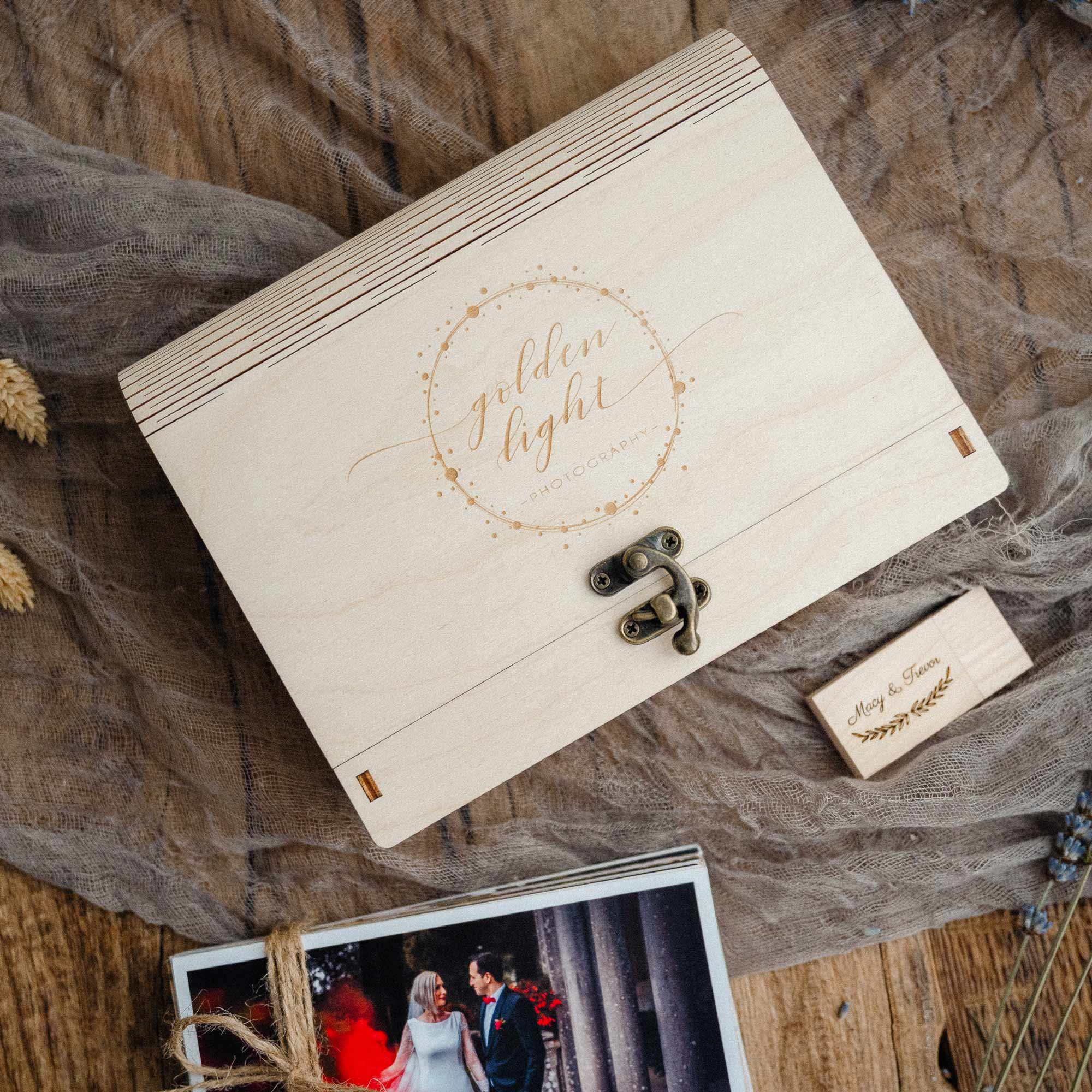 Maple photo box with wooden USB and printed photos, premium client reveal set