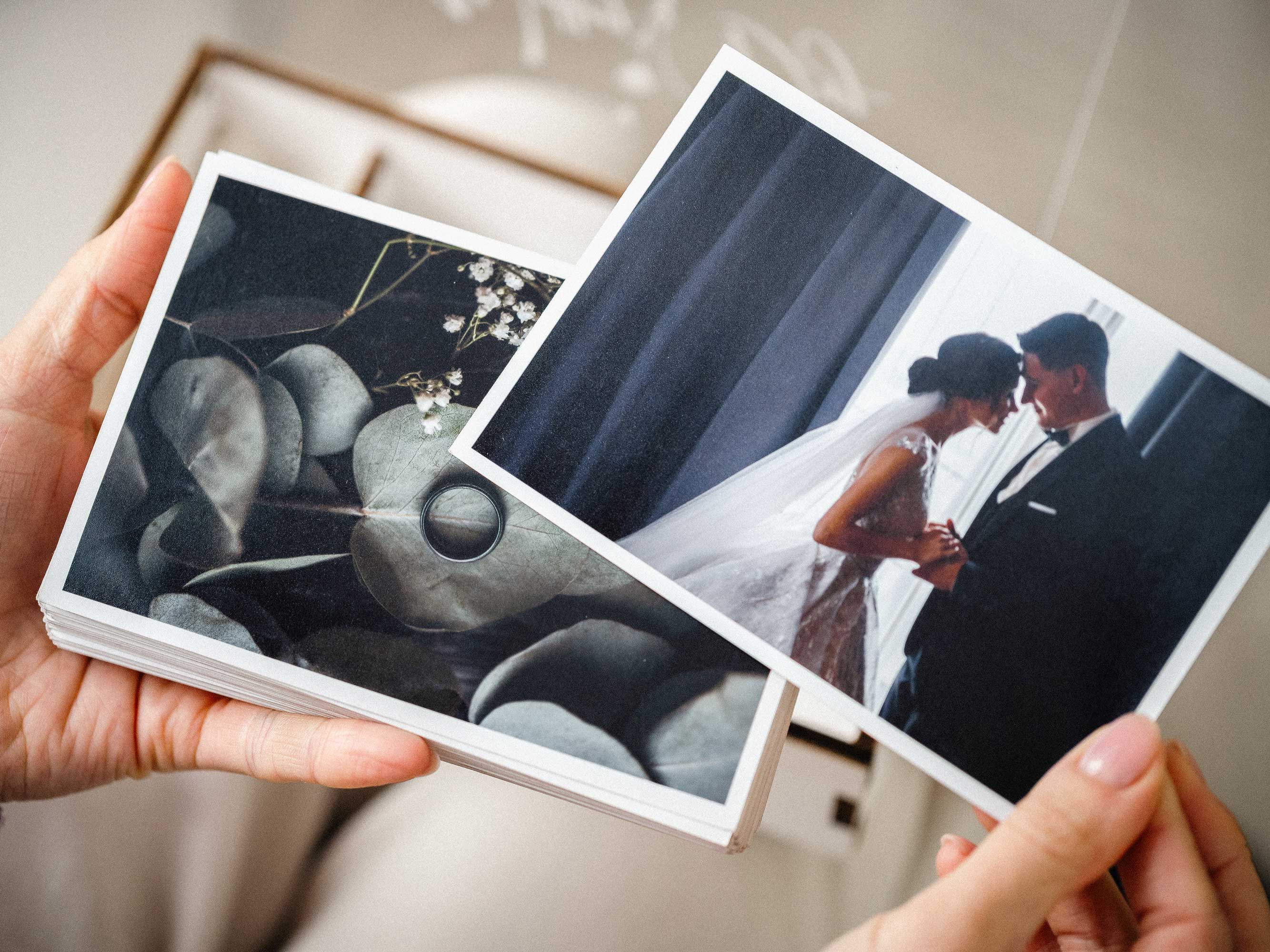 White wedding photo box with USB compartment and printed wedding photos