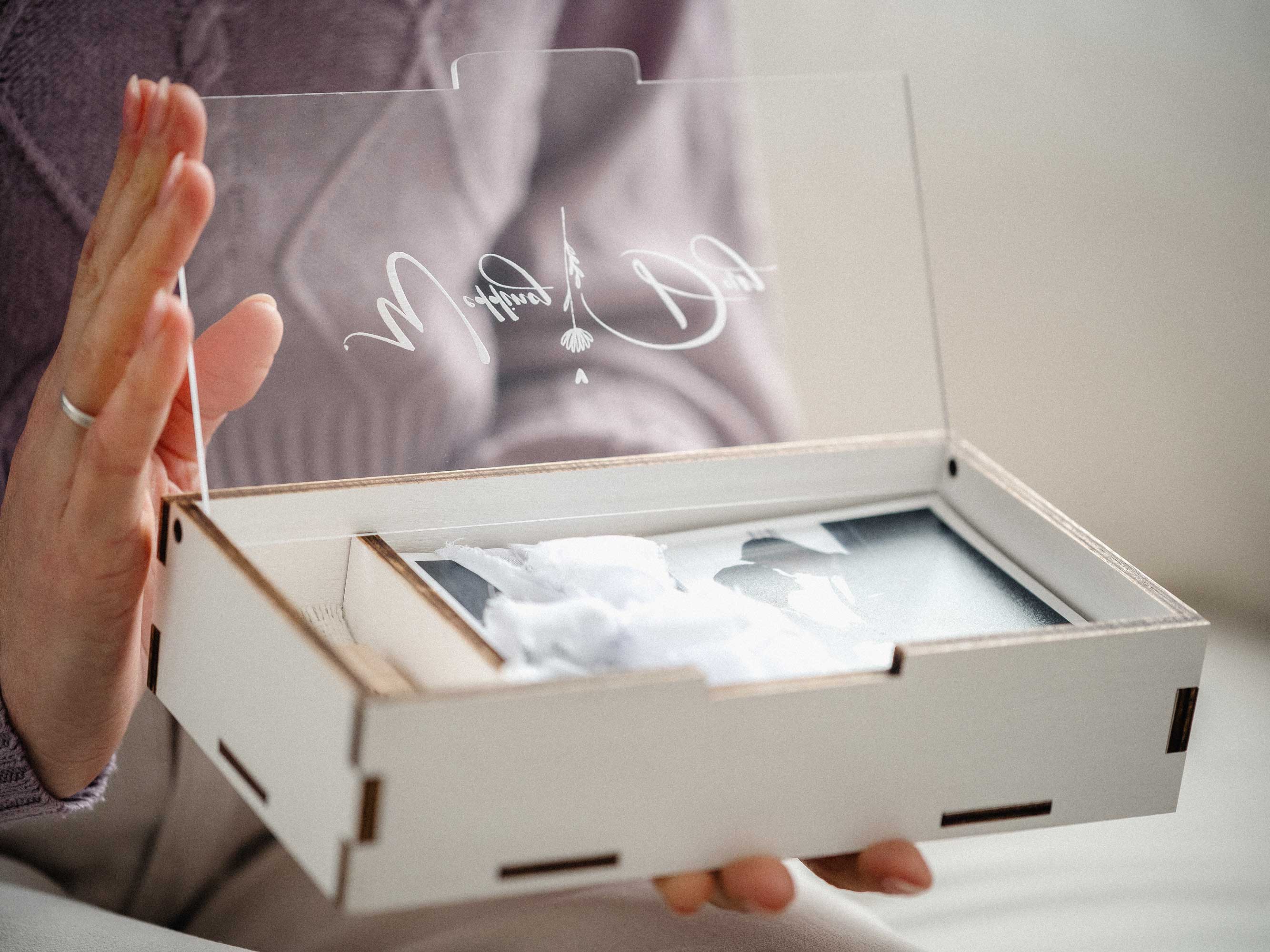 Open white wedding photo box with personalized acrylic lid and photo print