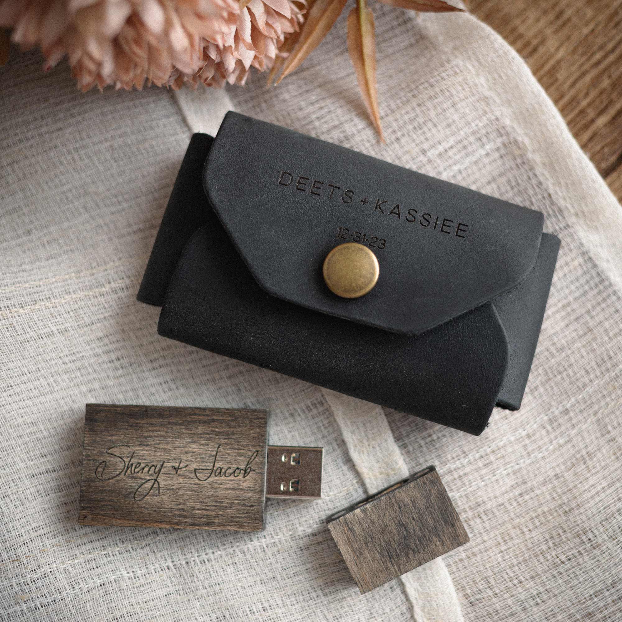 custom engraved black leather usb envelope with wooden usb