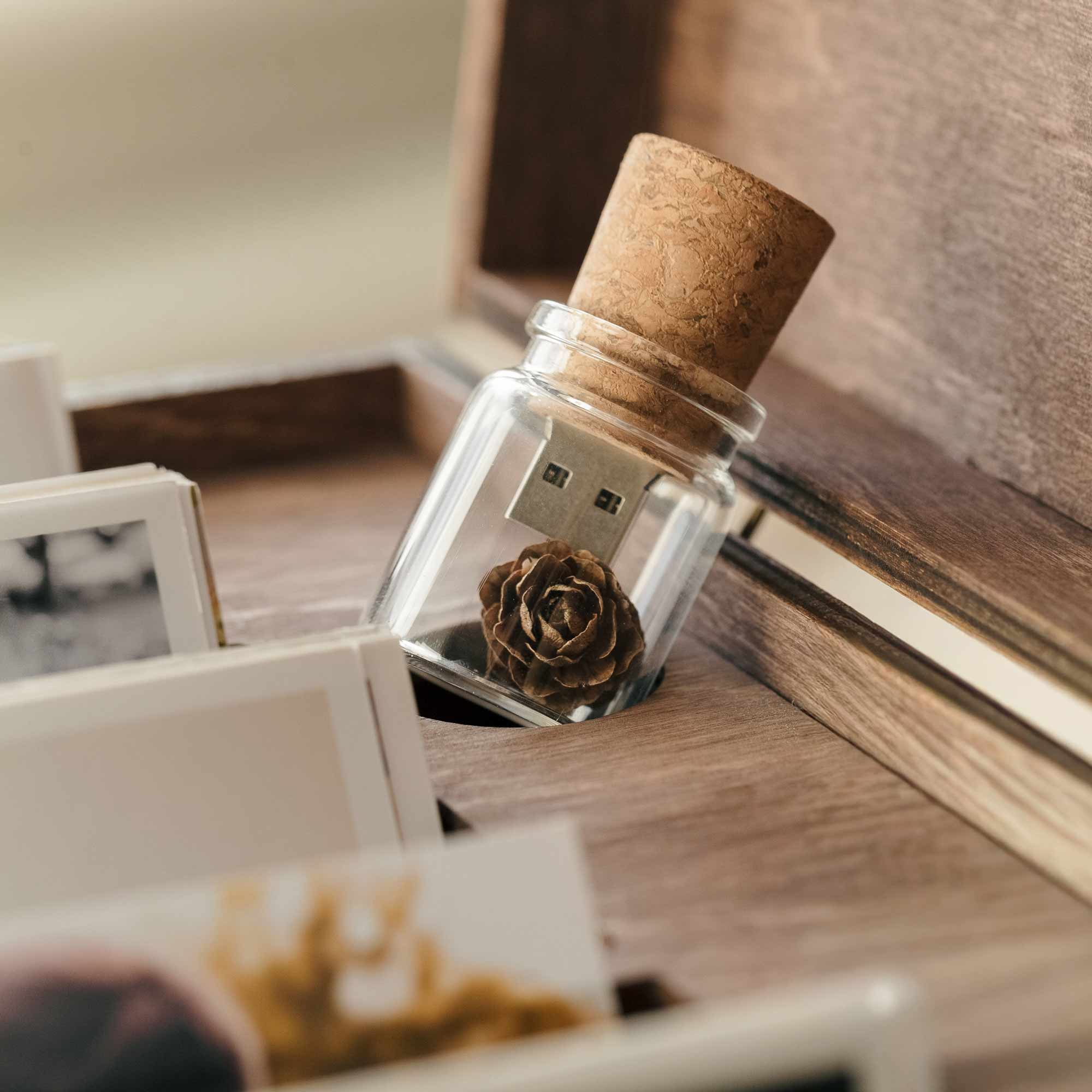 Glass bottle USB drive inside personalized wooden family photo box