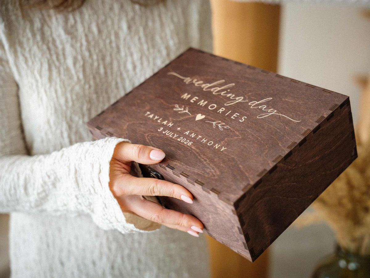 Engraved wedding day memories box with couple names and date