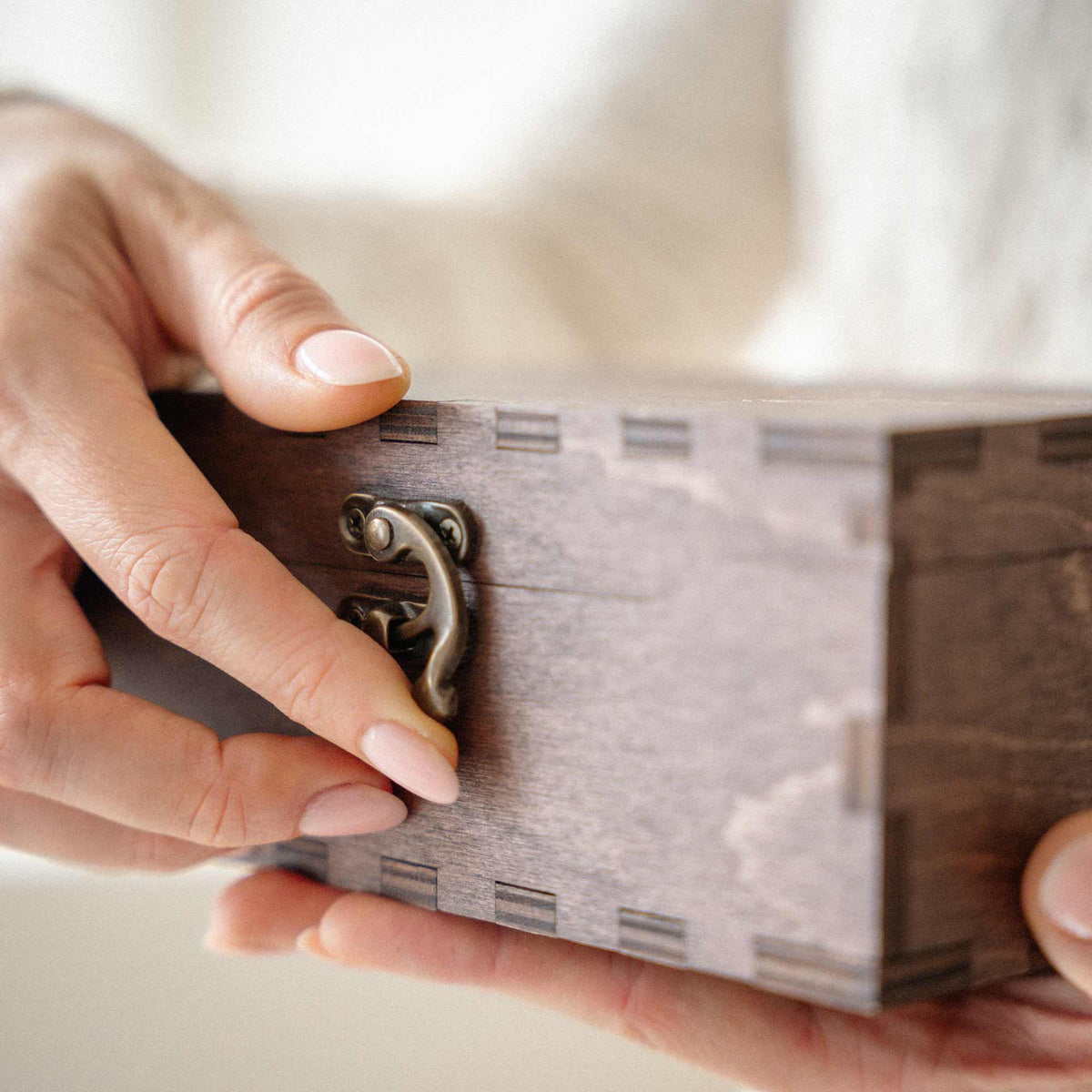 Close-up of handcrafted wooden box corner and joinery