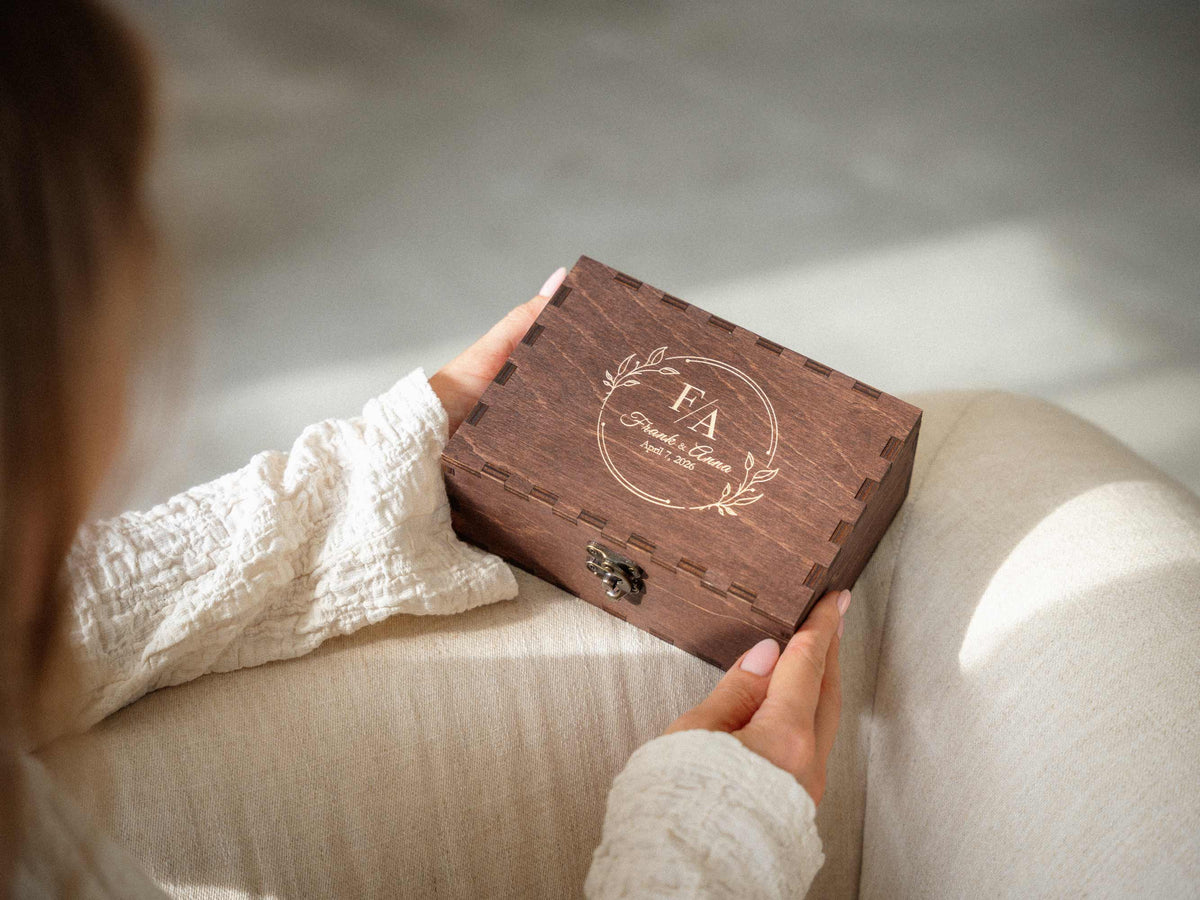 Personalized wooden keepsake box with engraved initials