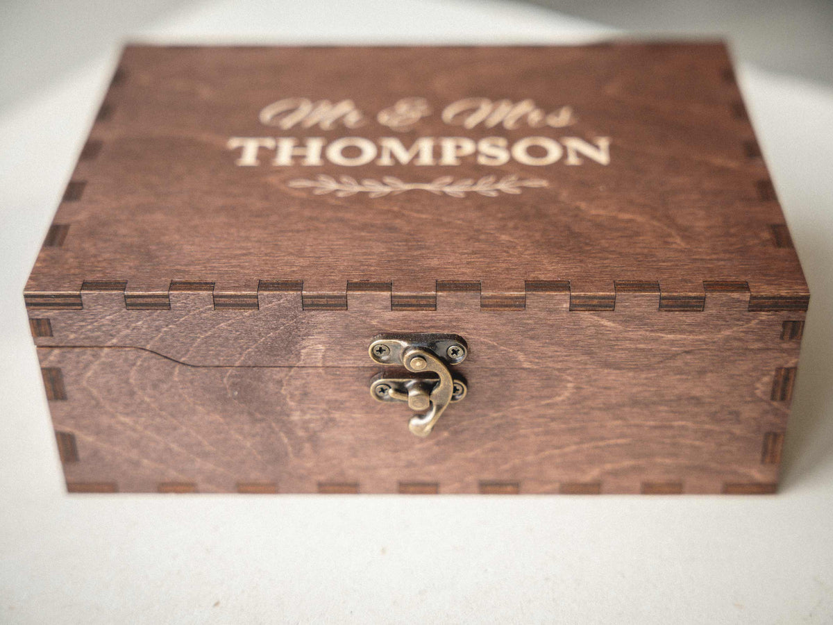 Engraved walnut wedding memory box personalized with Thompson name