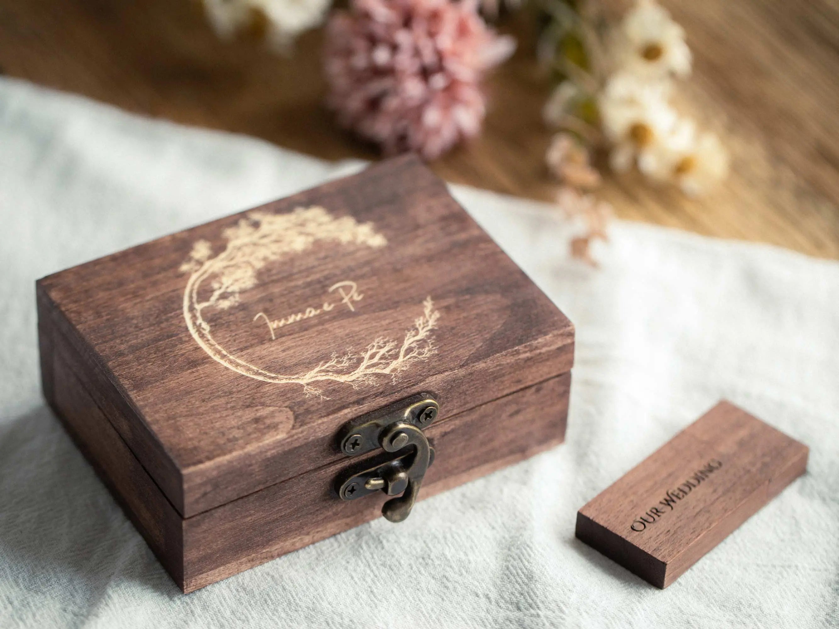 Wooden USB box and matching wood flash drive set on fabric, wedding photo delivery set.